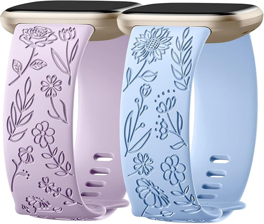 SNBLK 2 Pack Engraved Bands Only Compatible with Fitbit Versa 3/Fitbit Sense/Fitbit Versa 4/Fitbit Sense 2 Bands Four Models, Sunflower Rose Elegant Soft TPU Floral Pattern Replacement Strap Women