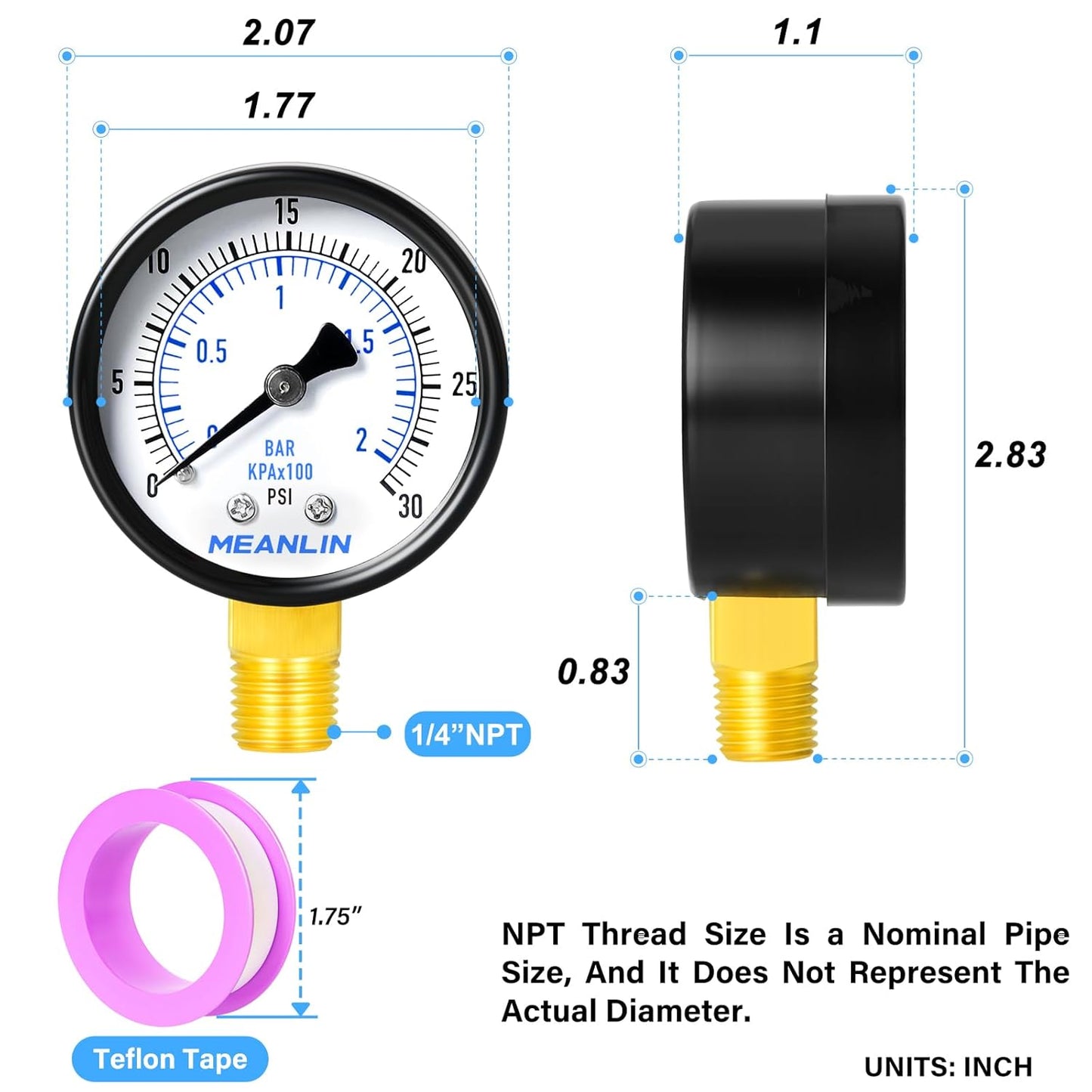 MEANLIN MEASURE 0-30Psi Well Pump Pressure Gauge 1/4" NPT 2" FACE DIAL for Pool Sand Filter Water Oil Air Pressure Test Lower Mount, with Teflon Tape