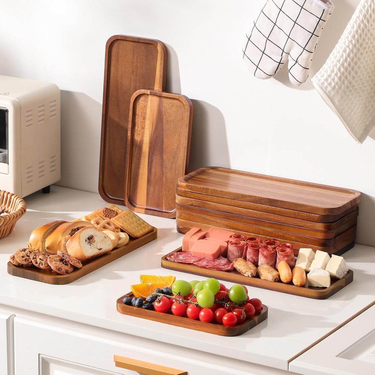 Solid Acacia Wood Serving Trays and Platters - Wooden Mini Charcuterie Boards, Rectangle Small Cheese Board for Food, Bathroom, Home Decor, Kitchen Counter, (10"x5.5", 1 Pack)