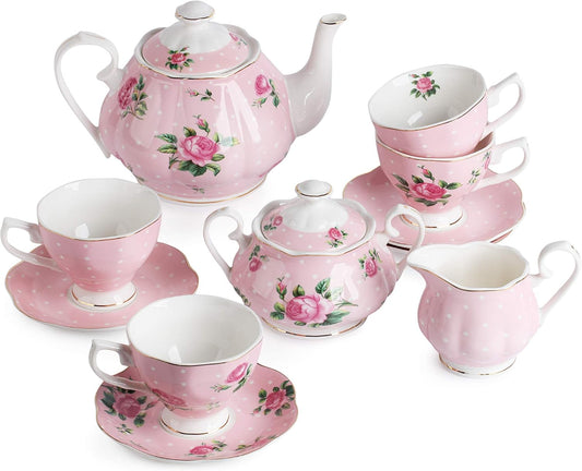 BTaT- Floral Tea Sets for Adults, 13 pcs, Service for 4, Pot (38 oz) & Cups (8 oz) with Saucers, Pastel Pink Floral Design with Gift Box, Porcelain Tea Set for Adult, Dishwasher Safe