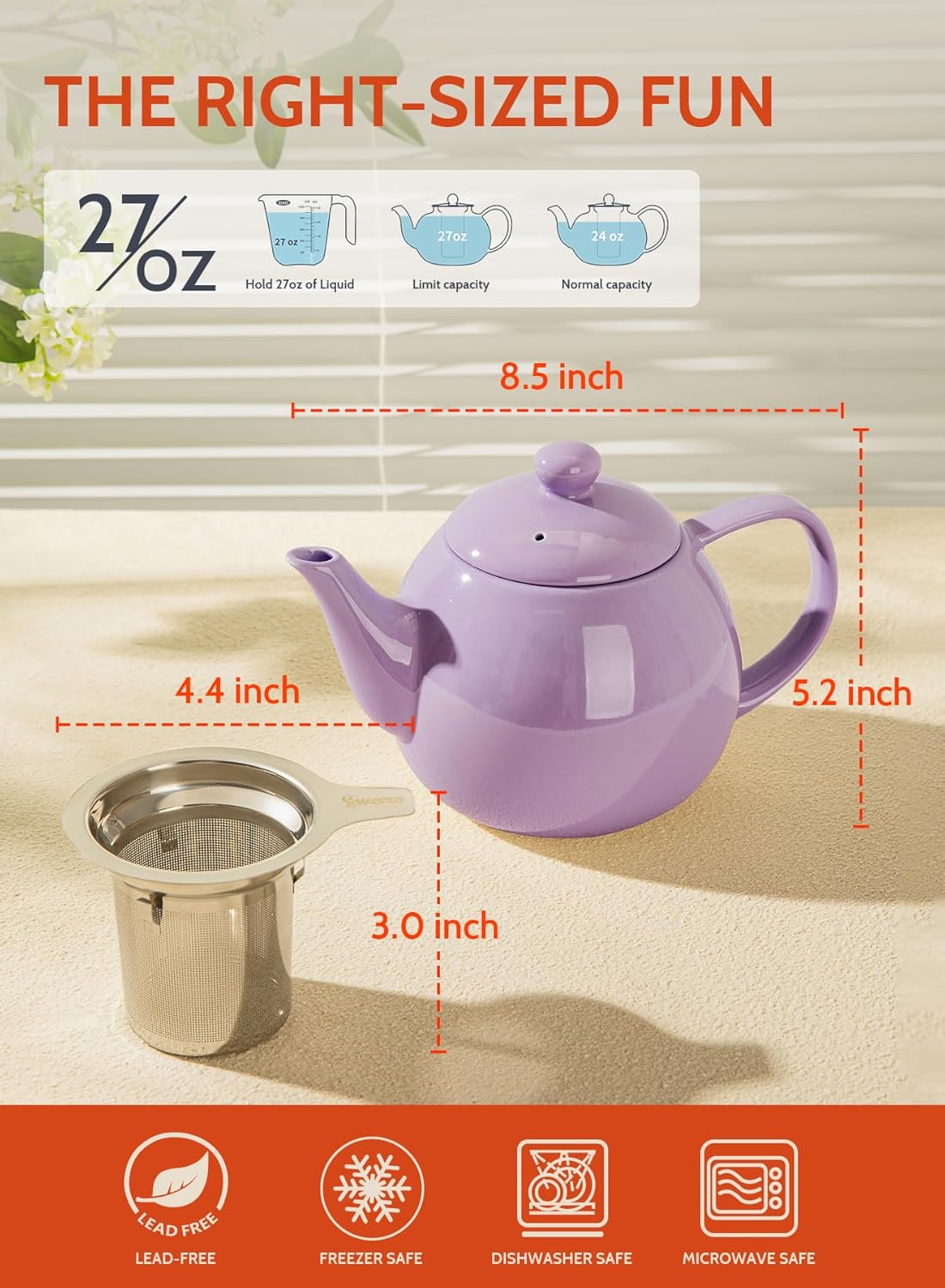 Sweese Teapots for Tea, 27 oz Porcelain Tea pot with Removable Stainless Steel Infuser, Tea Pots for Loose Tea - Purple
