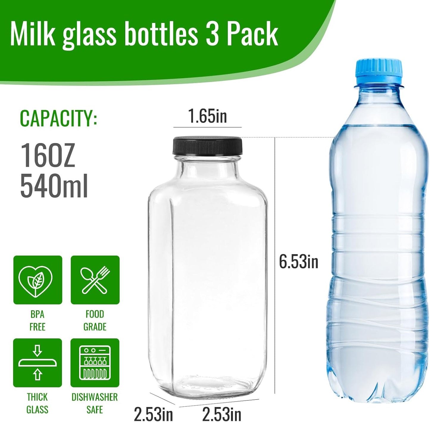 BIGIVACA 16 oz Glass Juice Bottles with Lids,3 PACK Bottles for Juicing,Square Drinking Jars Glass for Coffee,Cola,Milk,Tea in Travel,Work,School