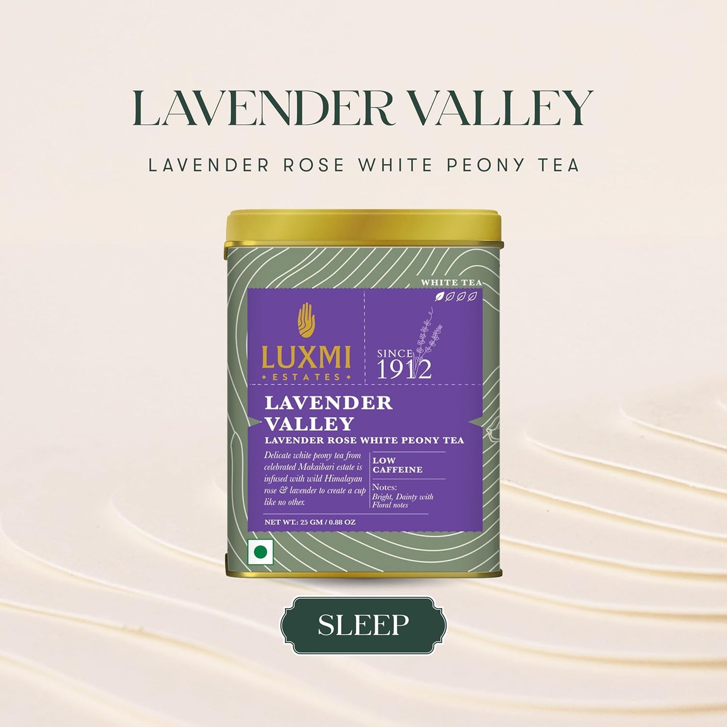 Luxmi Estates Lavender Valley Organic Loose Leaf Tea, (25g) Darjeeling Makaibari White Tea, Low Caffeine, Sleep Function Tea
