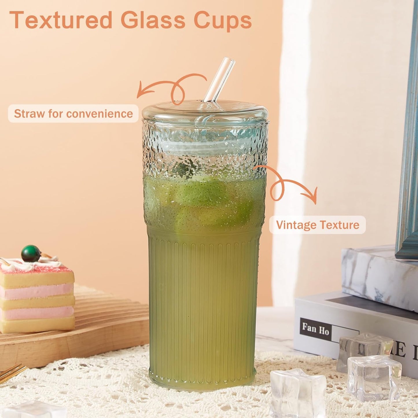 GOSCHE Glass Coffee Cups with Lids and Straws 20oz, High Borosilicate Drinking Jar Water Cups, Glass Tumbler for Tea Coffee Milkshake, Green, 2 Pcs