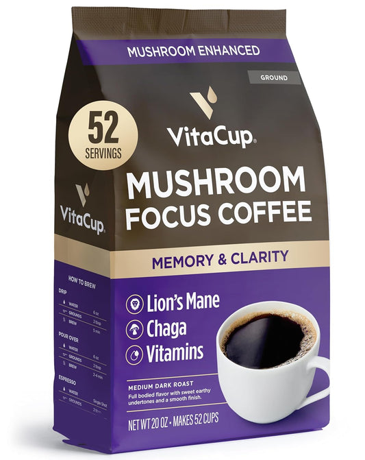 VitaCup Focus Mushroom Coffee Grounds, with Lions Mane, Chaga, B Vitamins, D3, Boost Focus, Immunity, Memory & Clarity, Medium Dark Roast, 100% Arabica Specialty, 20oz, 52 Servings