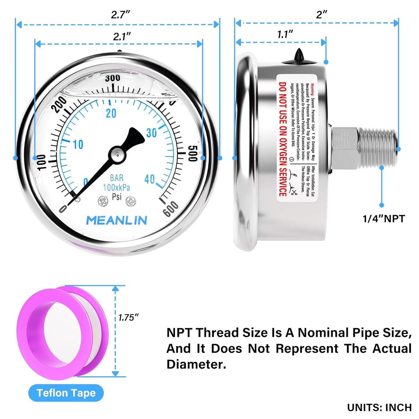 MEANLIN MEASURE 0~600Psi Liquid Filled Pressure Gauge Stainless Steel with 316 Stainless Steel Joint 1/4" NPT 2.5" FACE DIAL for WOG Water Oil Air Center Back Mount
