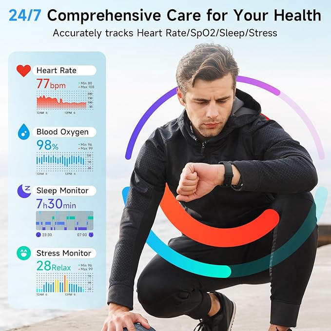 Smart Watches for Men, Alexa Built-in, 1.8" Smartwatch with Heart Rate/SpO2/Sleep/Stress, IP68 Waterproof Fitness Tracker with Bluetooth Call (Answer/Make), 101+ Sports Modes, for Android & iPhone