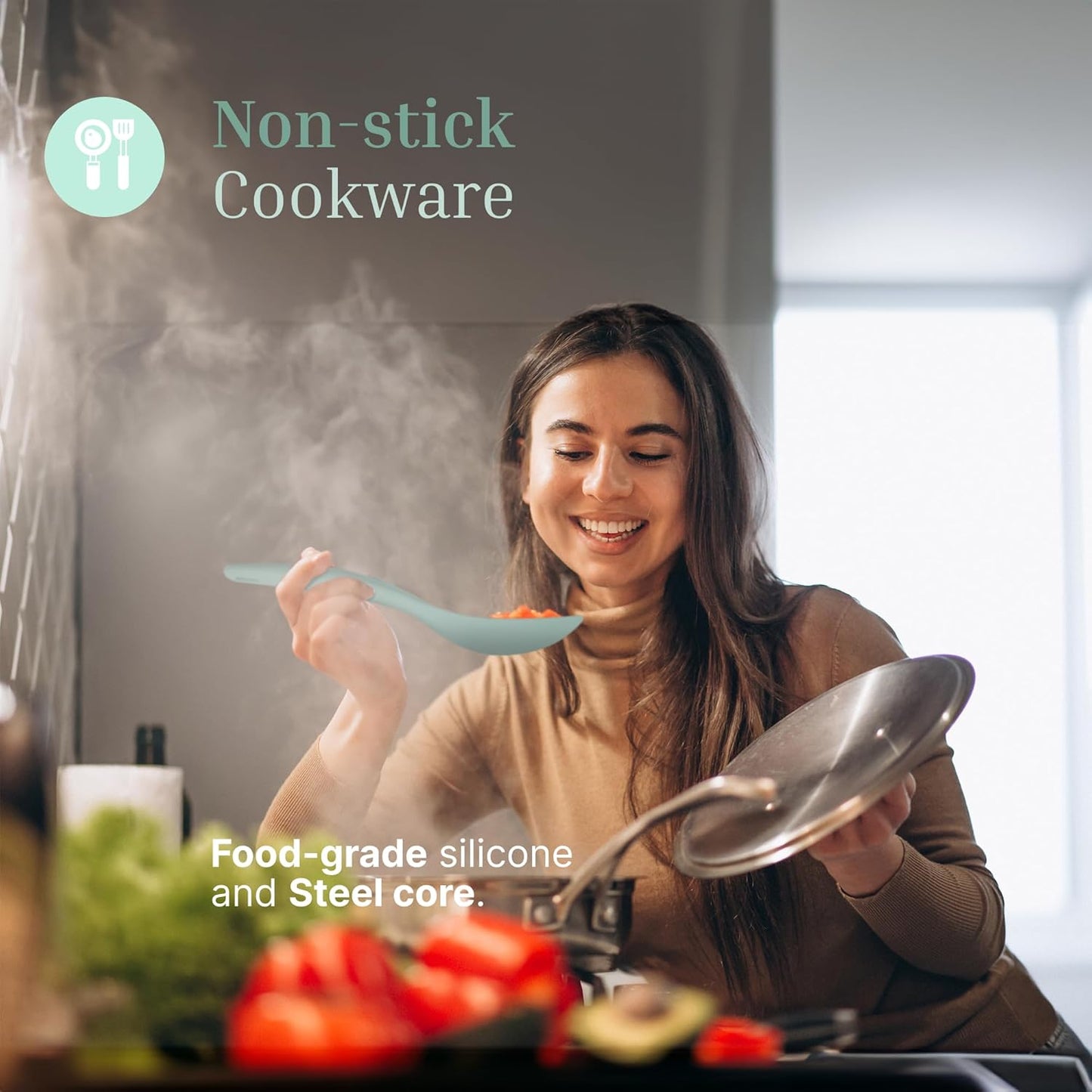 Silicone Rice Paddle Set – 2-Piece Set of Spoon Spatulas for Non-Stick Cookware – Kitchen Tools and Accessories with Comfortable Handles, Heat-Resistant Utensils for Cooking and Baking – Pastel Green