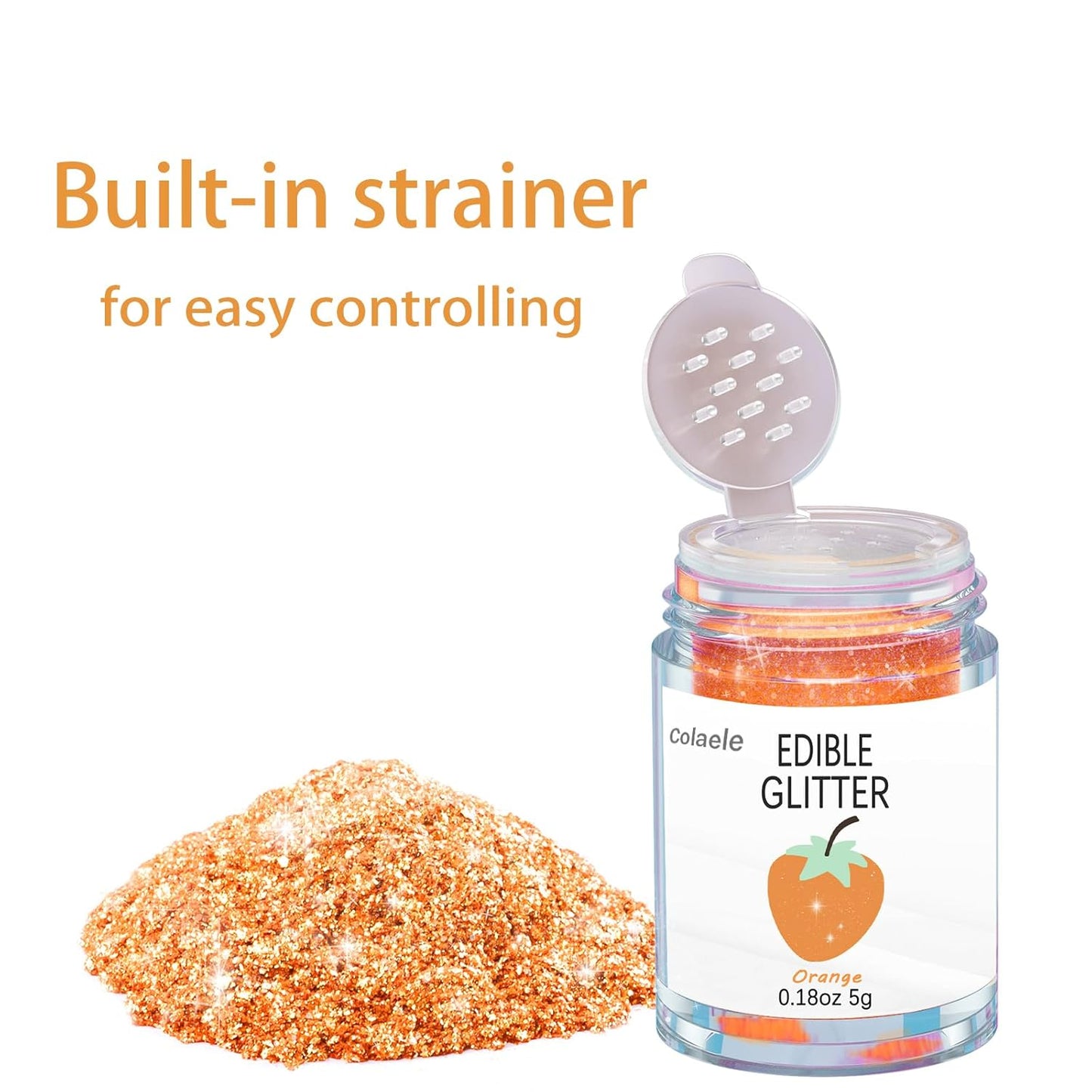 Orange Edible Glitter Glimmer Powder for Cakes Drinks - Colaele 5 grams Food Grade Luster Dust Metallic Food Decorating Sprinkle Disco Brew Dust for Cake Decorations Wine Beverage Candy Dessert, Vegan