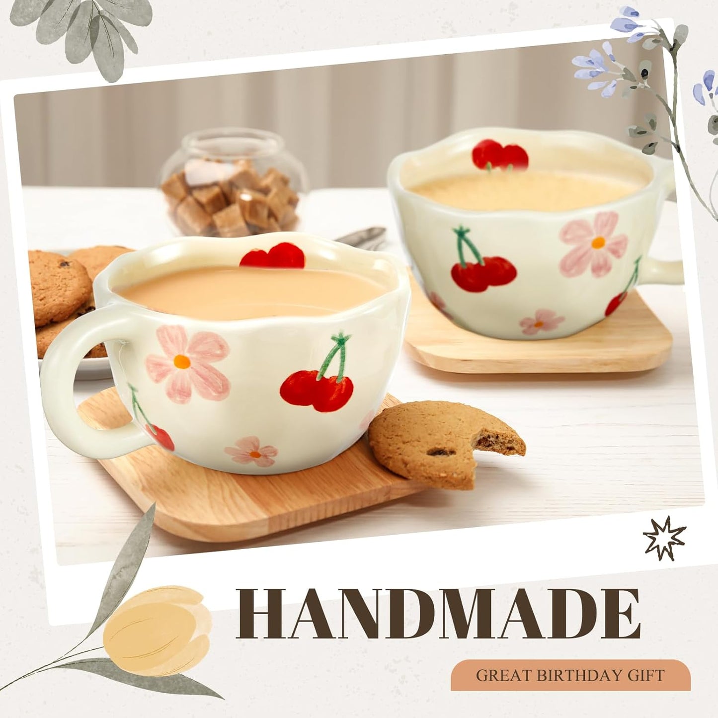 Vesici 2 Pcs Ceramic Coffee Mugs Flower Cups with Spoon Vintage Floral Mugs with Handle 8.5 oz Aesthetic Tea Porcelain Cup Gift for Valentine Office Home, Dishwasher and Microwave Safe(Cherry)