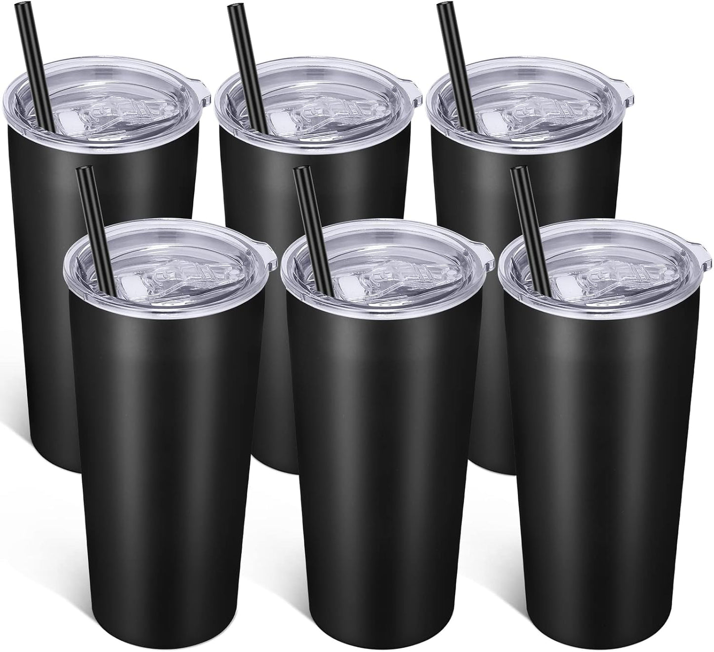 VEGOND 20oz Tumbler Bulk with Lid and Straw 6 Pack, Stainless Steel Vacuum Insulated Tumbler, Double Wall Coffee Cup Travel Mug, Black