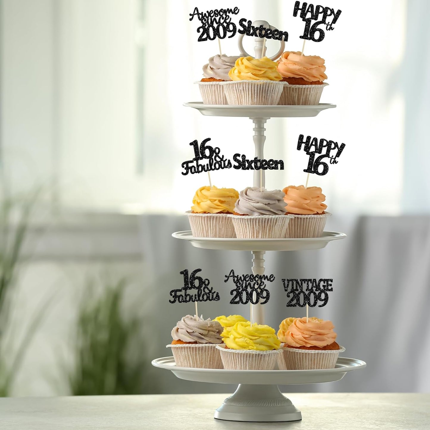 Gyufise 30Pcs Vintage 2009 Cupcake Toppers Glitter Sweet 16 Happy 16th Birthday Cake Decorations for Happy 16th Birthday Fabulous Anniversary Party Supplies Black