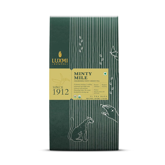 Luxmi Estates Minty Mile Organic Chamomile Mint Green Tea (25 Tea Bags) Low Caffeine Tea Bags For Relaxing, Calming, and Stress Relief, With Certified Organic Darjeeling Makaibari Green Tea