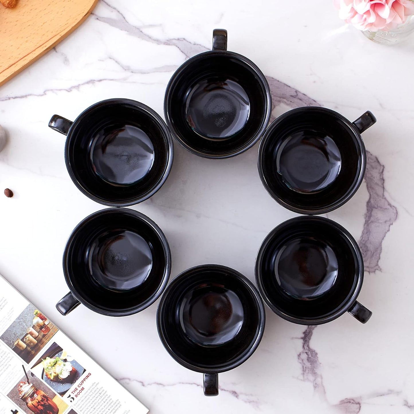 Set of 6 Cups Vintage Design 12 oz Professional Barista Ceramic Latte Art Cappuccino Cups Set (Embossed Black * 6)