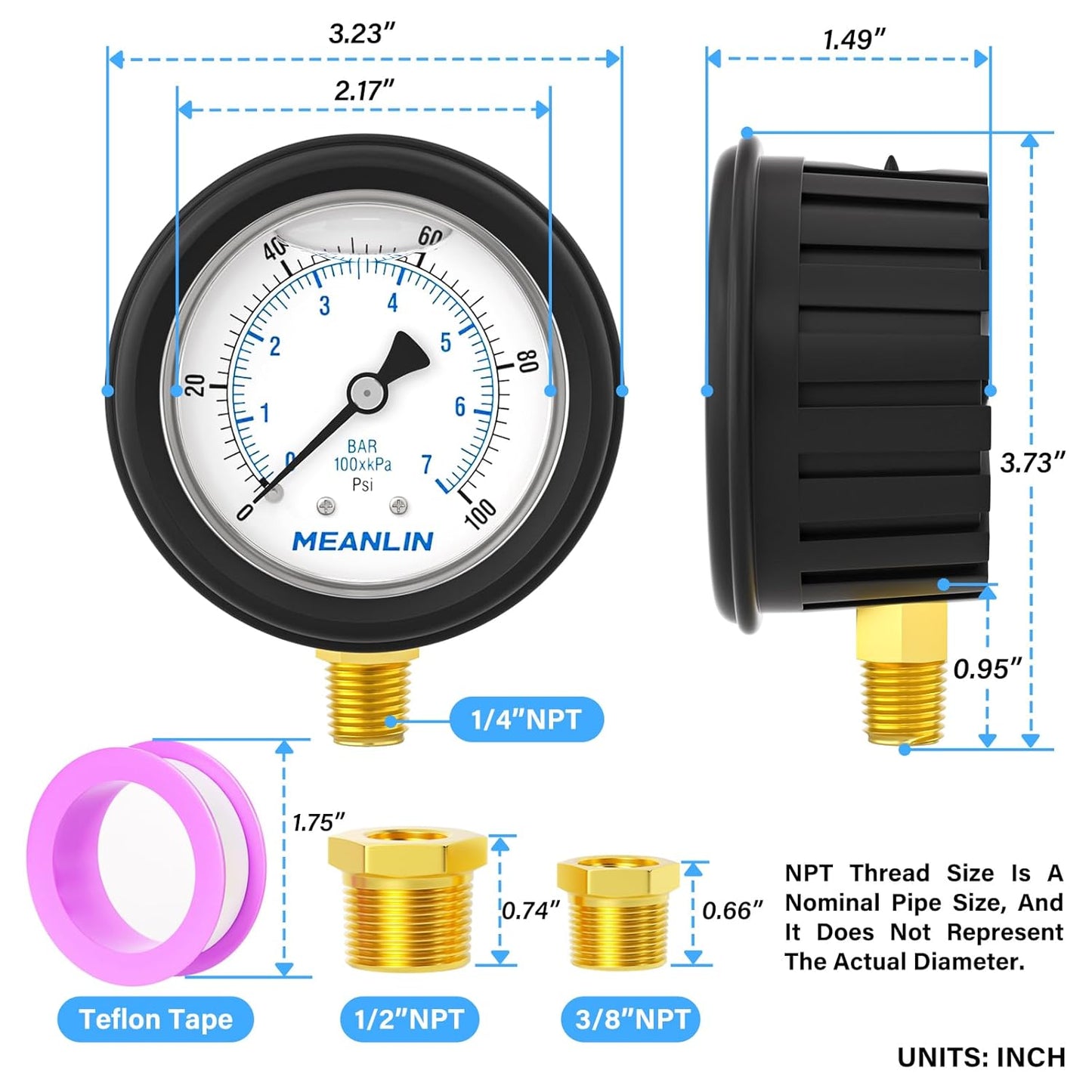 MEANLIN MEASURE 0~100Psi Stainless Steel 1/4" NPT 2.5" FACE DIAL Liquid Filled Pressure Gauge, Lower Mount (with Rubber Protective Sleeve), with 1/2" NPT and 3/8" NPT Hex Bushing