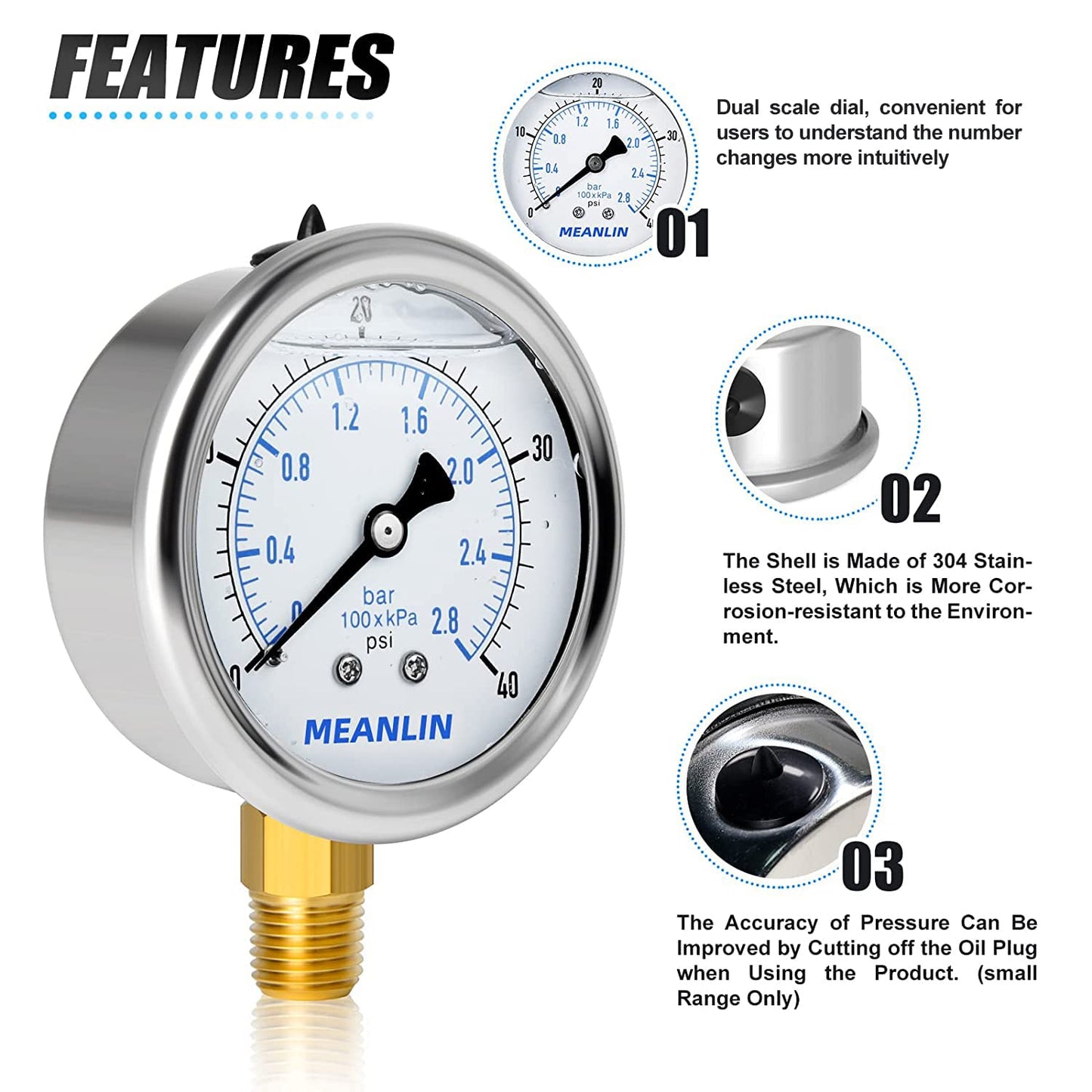 MEANLIN MEASURE 0~40Psi Stainless Steel 1/4" NPT 2.5" FACE DIAL Liquid Filled Pressure Gauge WOG Water Oil Air Lower Mount, with 1/2" NPT and 3/8" NPT Hex Bushing