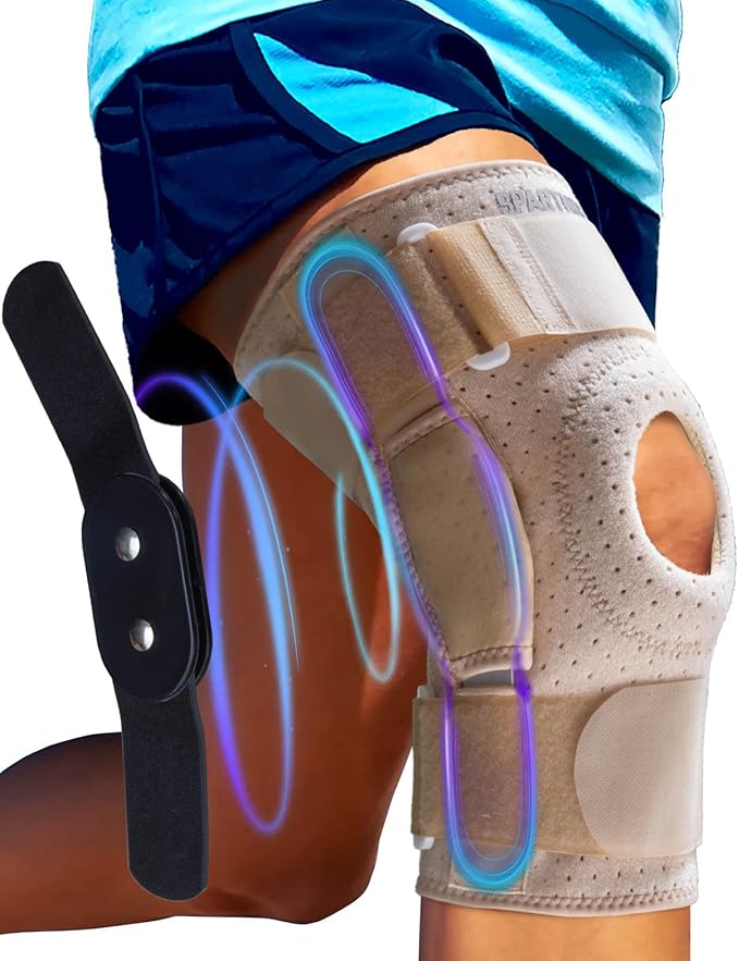 Sparthos Knee Brace - Relieves ACL, MCL, Meniscus Tear, Arthritis, Tendonitis Pain - Open Patellar Design with Dual Hinged - Support Compression for Running, Working Out, For Men and Women (Beige-M)
