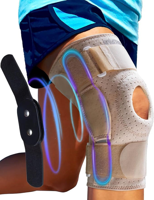 Sparthos Knee Brace - Relieves ACL, MCL, Meniscus Tear, Arthritis, Tendons Pain - Open Patella Design with Dual Hinges - Patellar Compression Support, Plus Size Fit - For Men and Women (Beige-XXL)