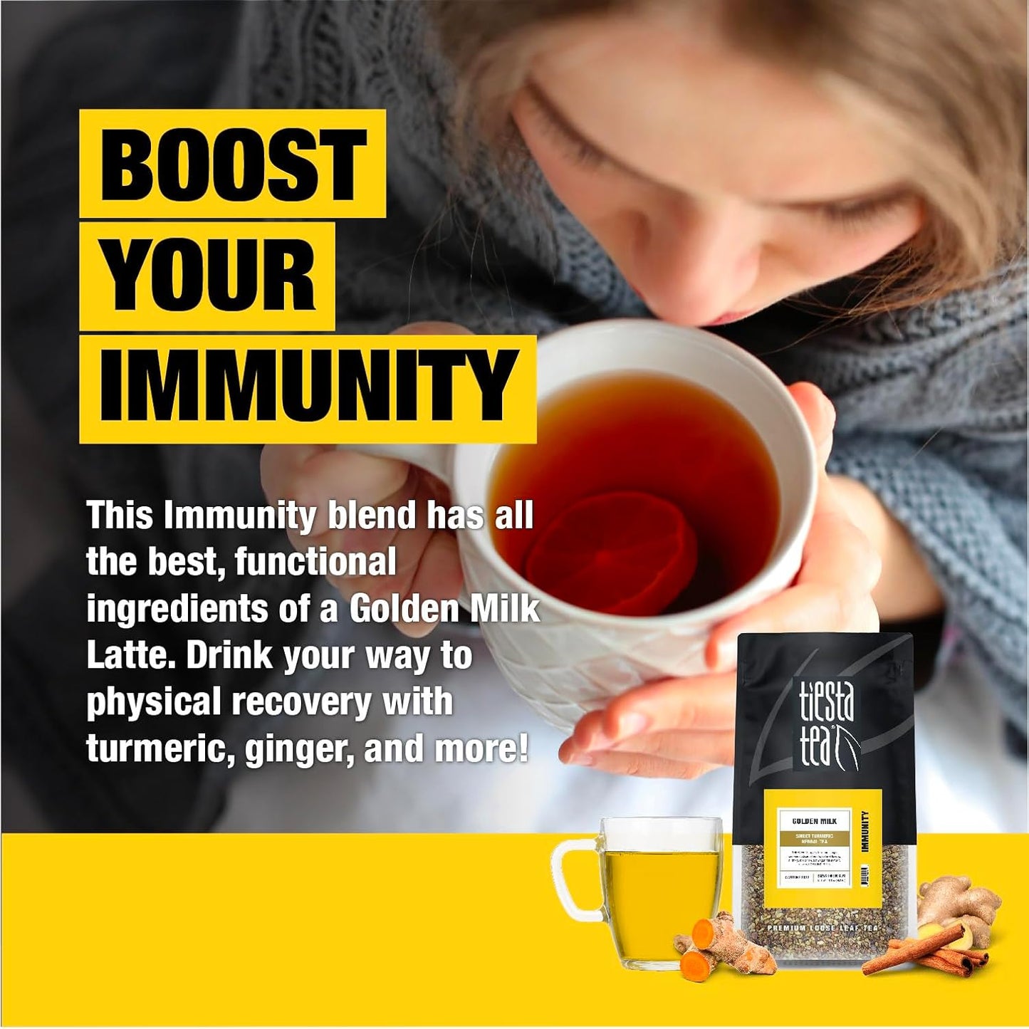 Tiesta Tea - Golden Milk, Loose Leaf, Sweet Turmeric Herbal Tea, Premium Non-Caffeinated Herbal Blend, Make Hot or Iced, Brews Up to 200 Cups, 16 oz Resealable Bulk Pouch