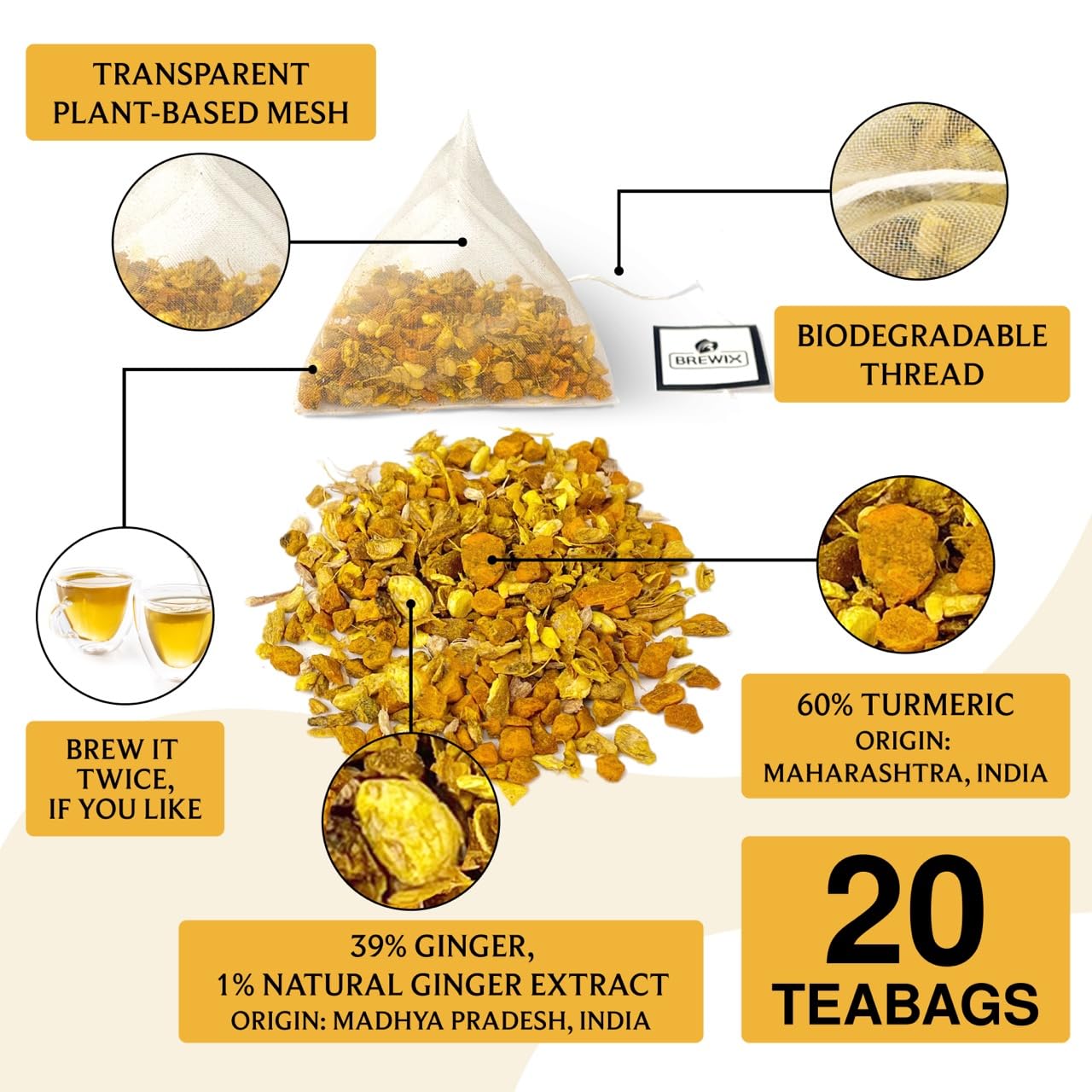 BREWIX, Turmeric Ginger Herbal Tea Bags (20 Pyramid Tea Bags) Real Ingredients From India, Naturally Caffeine Free | Pure Herbal Blend | Packed in Resealable Ziplock Pouch