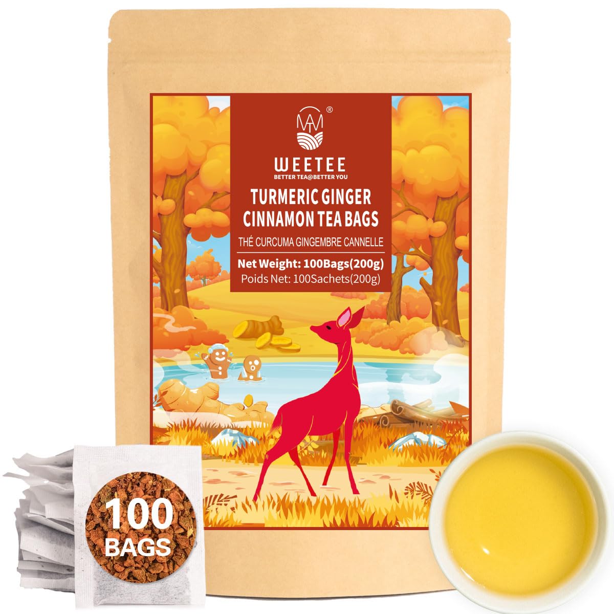 WT WEETEE Turmeric Ginger Cinnamon Tea Bags, Warm & Spicy Turmeric Ginger Herbal Blend Tea, Rich in Antioxidant, Natural Ingredients, Caffeine-free