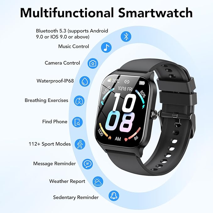 Smart Watch, 1.85" Smartwatch for Men Women(Answer/Make Call), 2025 Fitness Watch with 115+ Sports Modes/Heart Rate/SpO2/Pedometer/Sleep Monitor, IP68 Waterproof Activity Tracker for Android iOS