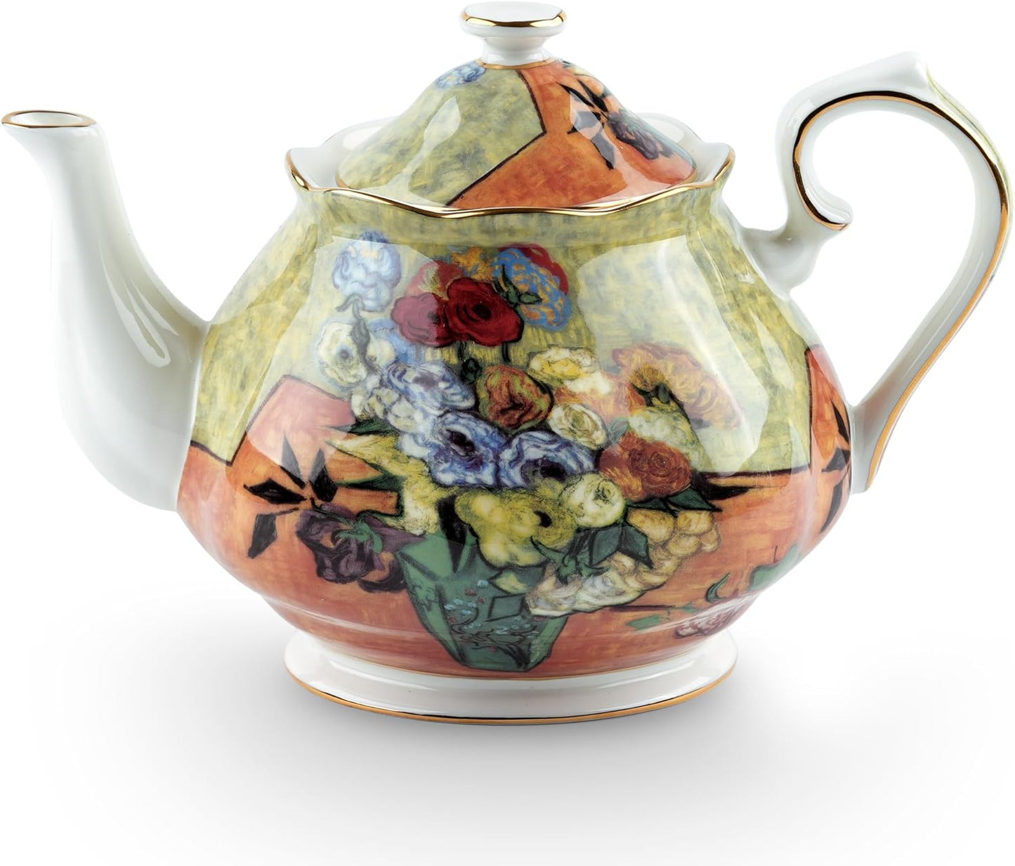 Teapot 30 oz Van Gogh Paintings Bone China Loose Tea Pot Floral Design Vintage Ceramic Coffee Water Pot European Style Porcelain (Flower Vase)