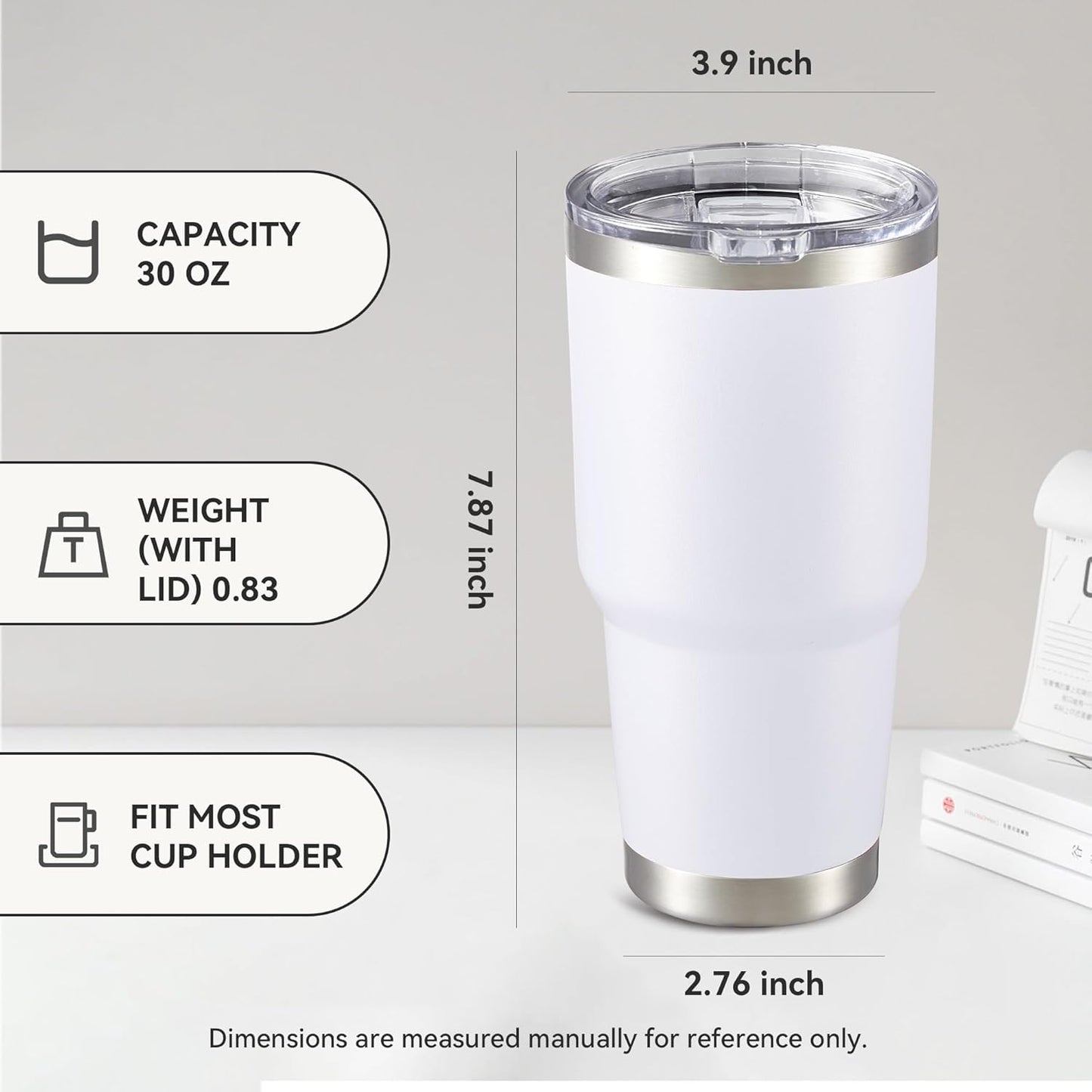30 oz Tumbler with Lid Stainless Steel Tumblers Vacuum Insulated Cup Reusable Powder Coated Travel Mug Double Wall Leak Proof Portable Cups Keep Cold Drinks for 12 Hours, White, 1 Pack
