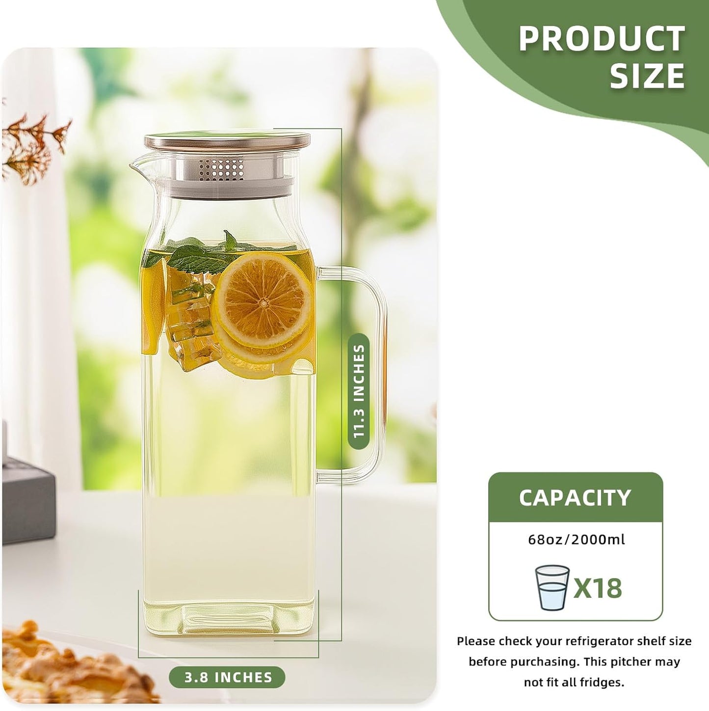 Glass Pitcher, 2 Pack 2L/68oz Glass Water Pitcher with Lid and Spout, Heat/Cold Resistant Borosilicate Glass Water Carafe for Coffee, Juice and Homemade Beverage (TG05)