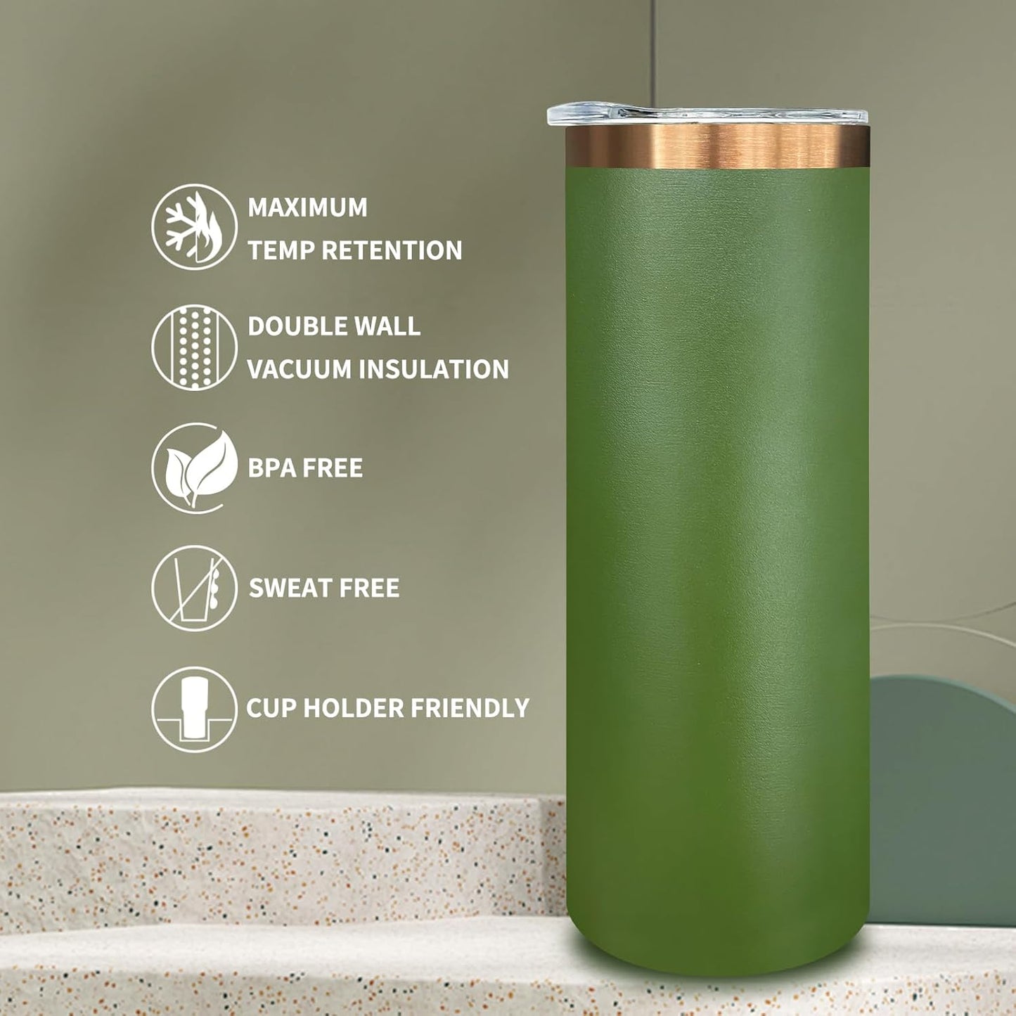 20 oz Skinny Tumblers Bulk 8 Pack, Stainless Steel Insulated Tumbler with Lids and Straws, Slim Double Wall Powder Coated Travel Coffee Mug Reusable Cup for Hot Cold Drinks (Army Green,8 pack)