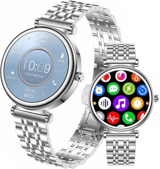 Smart Watch for Women 1.27" Color Screen Waterproof Fitness Activity Tracker Rose Gold Women's Smart Watch with Heart Rate Sleep Monitor for Android and iOS (Full Silver Steel RT-i109)