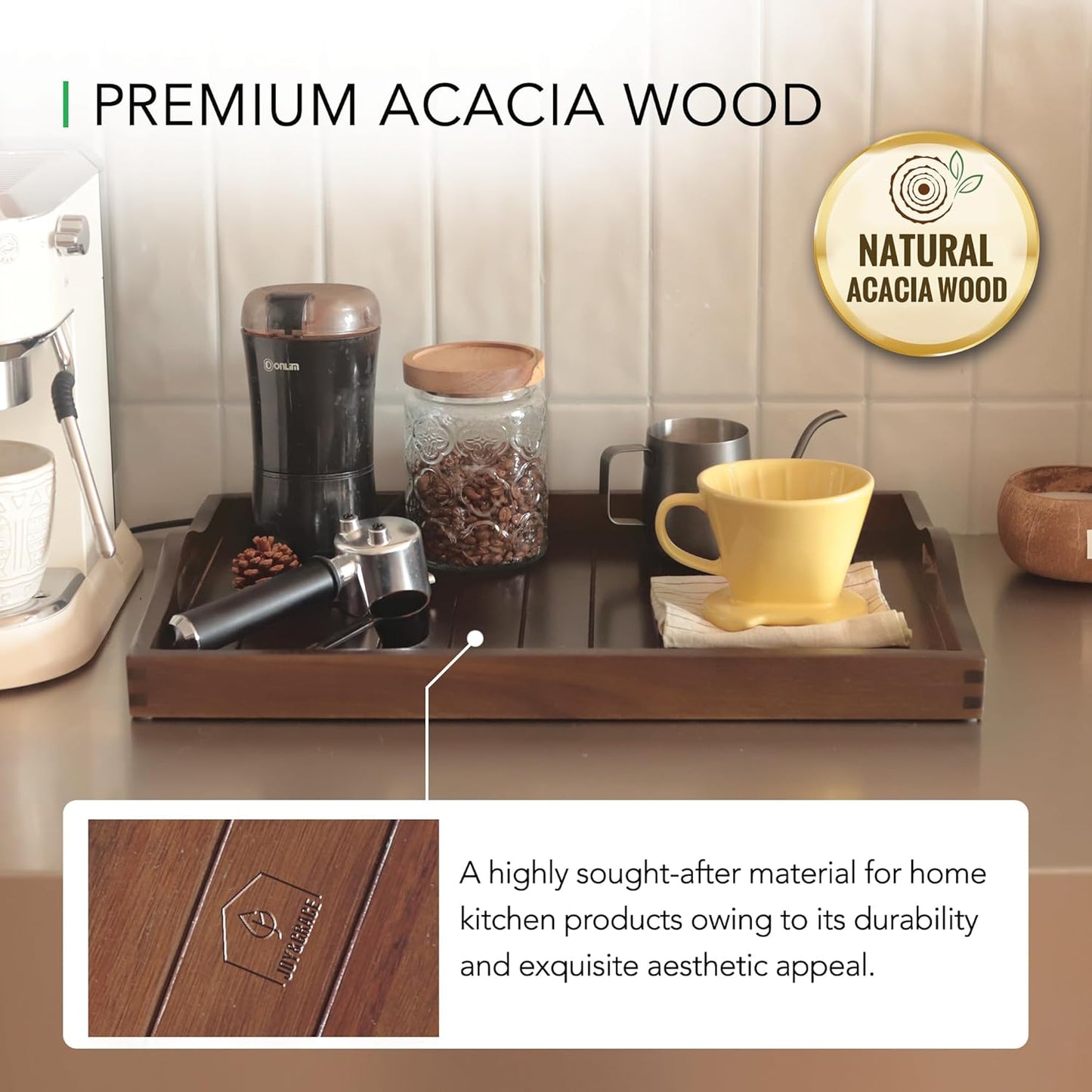 Large Acacia Wooden Serving Tray with Handles 20 x 14 inch Decorative Coffee Table Ottoman Tray for Living Room Extra Large for Kitchen Dinner Food Bar Breakfast in Bed (Color Brown)