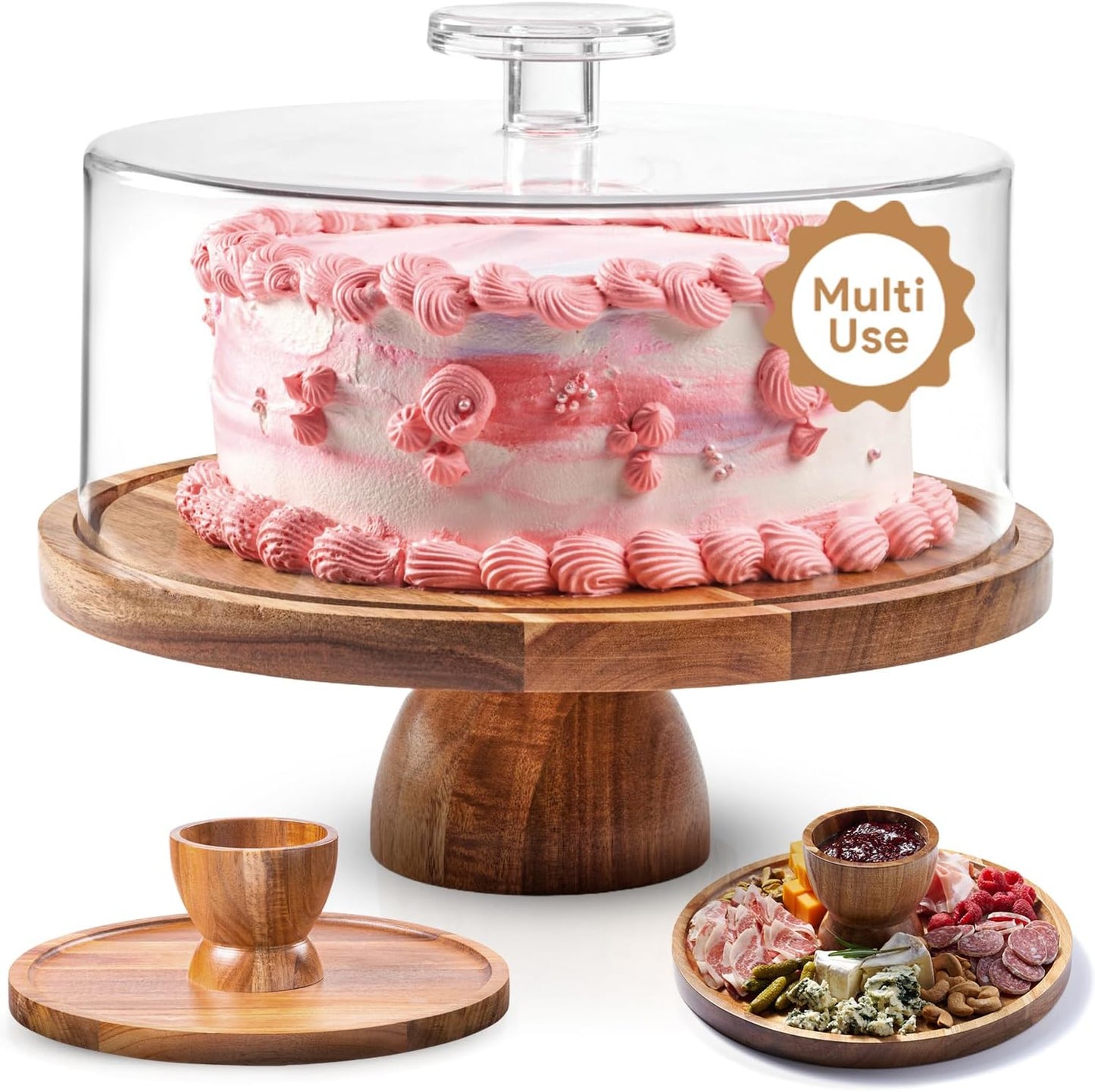 Acacia Wood Cake Stand with Lid - Multifunctional 12 In Round Cake Holder, Dessert Table Display Set & Charcuterie Board for Cheese, Chips, Fruit Platter, Acrylic Cake Dome Cover, No Glass
