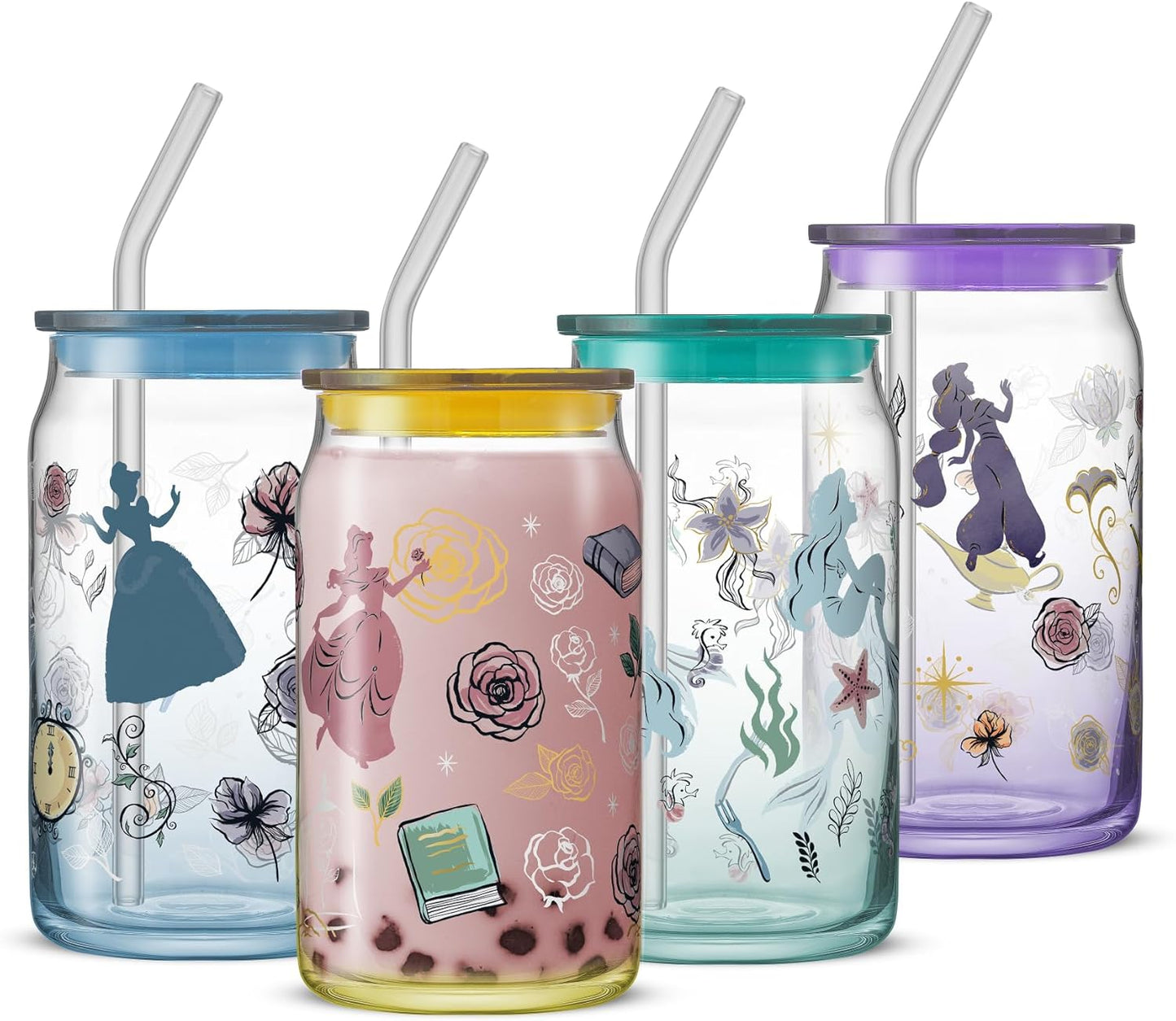 JoyJolt Disney Princess Icon Glass Tumblers with Lids and Straws, 16oz Glass Cups with Lids and Straws ft Princess Jasmine Ariel Cinderella Belle, 4pc Can Shaped Drinking Glasses, Iced Coffee Cups
