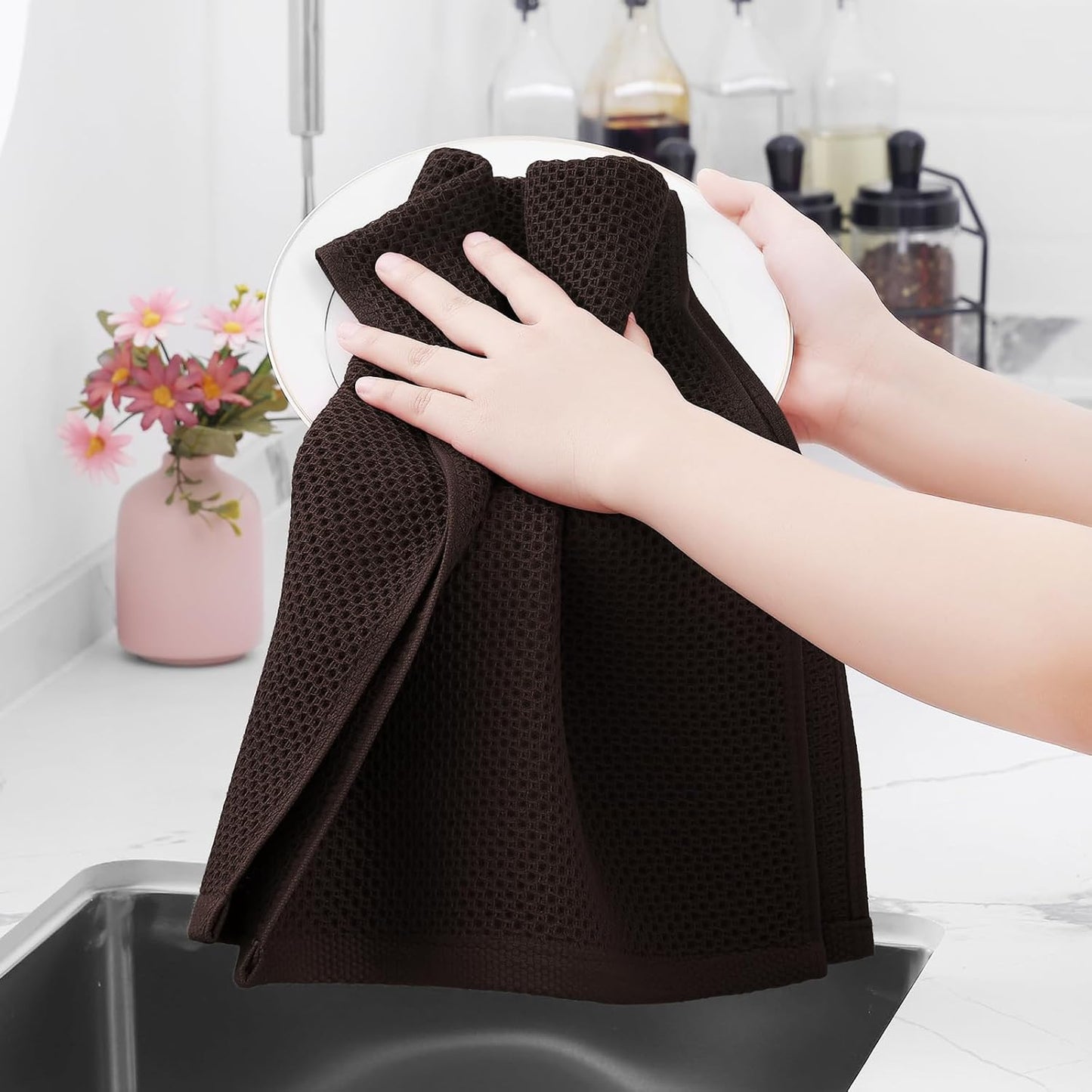 Homaxy 100% Cotton Waffle Weave Kitchen Dish Towels, Ultra Soft Absorbent Quick Drying Cleaning Towel, 13 x 28 Inches, 8-Pack, Dark Brown
