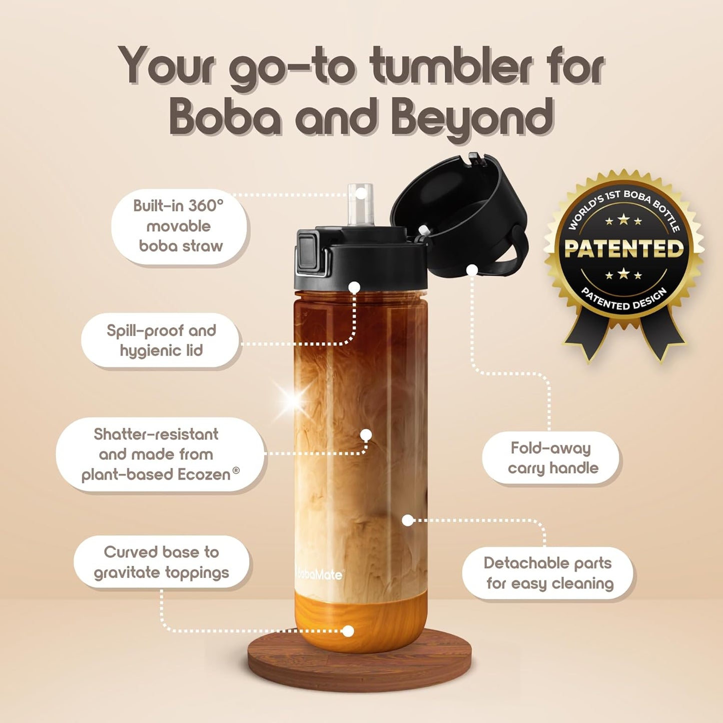 BobaMate® 25 oz Reusable Boba Cup & Tumbler with Lid, Straw, & Handle – Iced Coffee, Smoothie, Iced Matcha Cup – Spill-Proof, Shatter-Resistant, BPA-Free – Boba