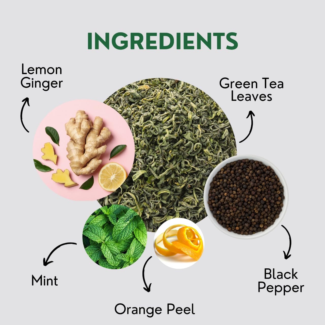Lemon Ginger Green Tea Bags (50 Count), Green Tea with Orange Peel, Black Pepper & Mint Extract, Caffeinated, Real and Natural Green Tea, Blended with Fresh Herbs and Spices, Gluten Free