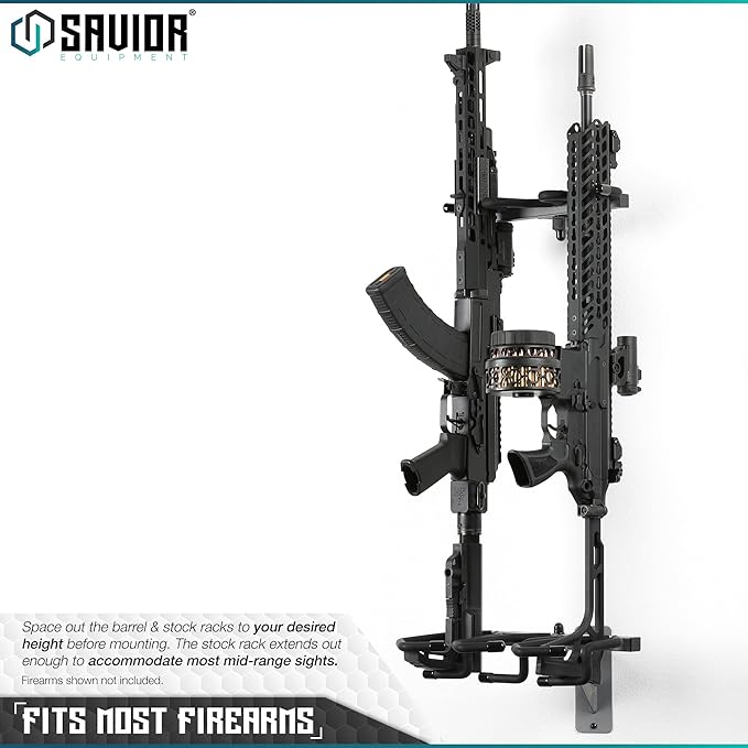 Savior Equipment Wall-Mount Rifle Rack Tactical Shotgun Carbine Firearm Free-Standing Gun Display Indoor Storage Rack - Heavy Duty Steel, Wide Angle Adjustment, 3-Slot Holds up to 75 Lbs