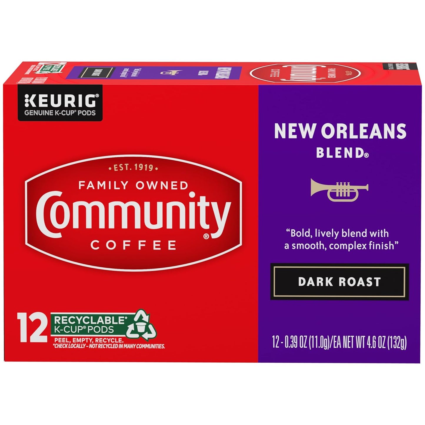 Community Coffee New Orleans Blend 12 Count Coffee Pods, Special Dark Roast, Compatible with Keurig 2.0 K-Cup Brewers, 12 Count (Pack of 1)