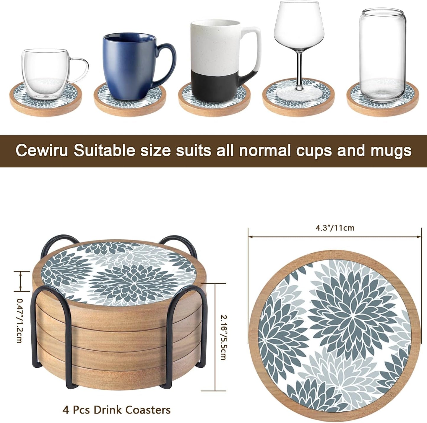 Wood Coasters Set of 4 with Holder, Cewiru Cup Mat for Drinks, Absorbent Coasters with Felt Insert for Coffee Table Protection, Modern Style Home Dining Table Decor, 4.3" Grey