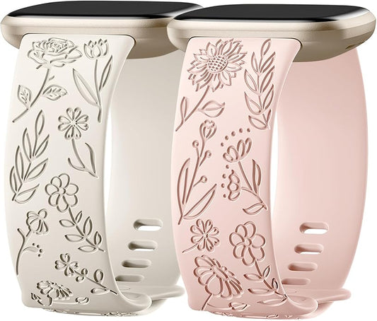 SNBLK 2 Pack Engraved Bands Only Compatible with Fitbit Versa 3/Fitbit Sense/Fitbit Versa 4/Fitbit Sense 2 Bands Four Models, Sunflower Rose Elegant Soft TPU Floral Pattern Replacement Strap Women