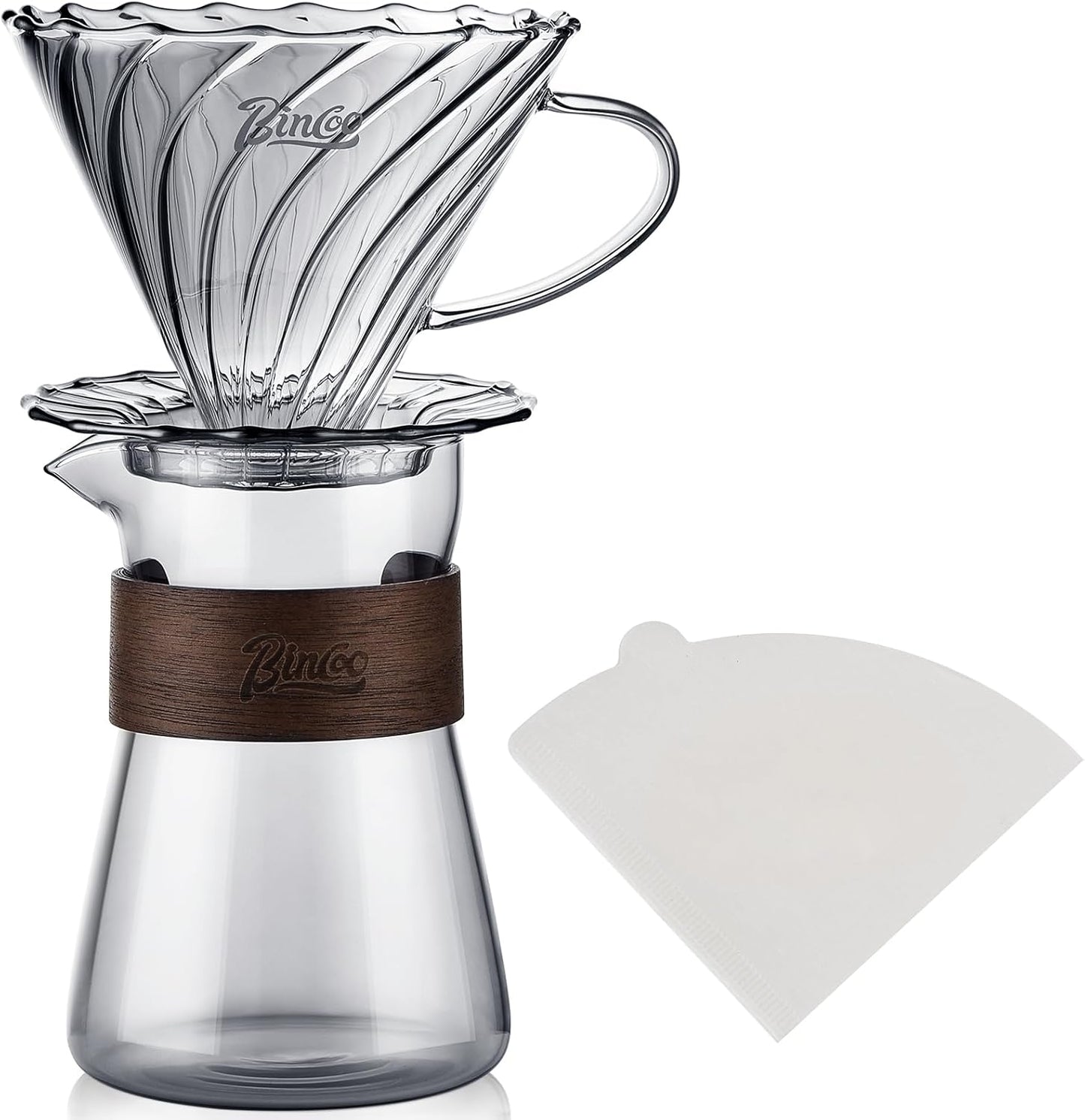 Bincoo Pour Over Coffee Dripper Set, Drip Coffee Maker, Included Borosilicate Glass Carafer and Coffee Dripper & 50 Pcs Size 02 Paper Filter, 16oz(500ml) (Smoky Gray Set)