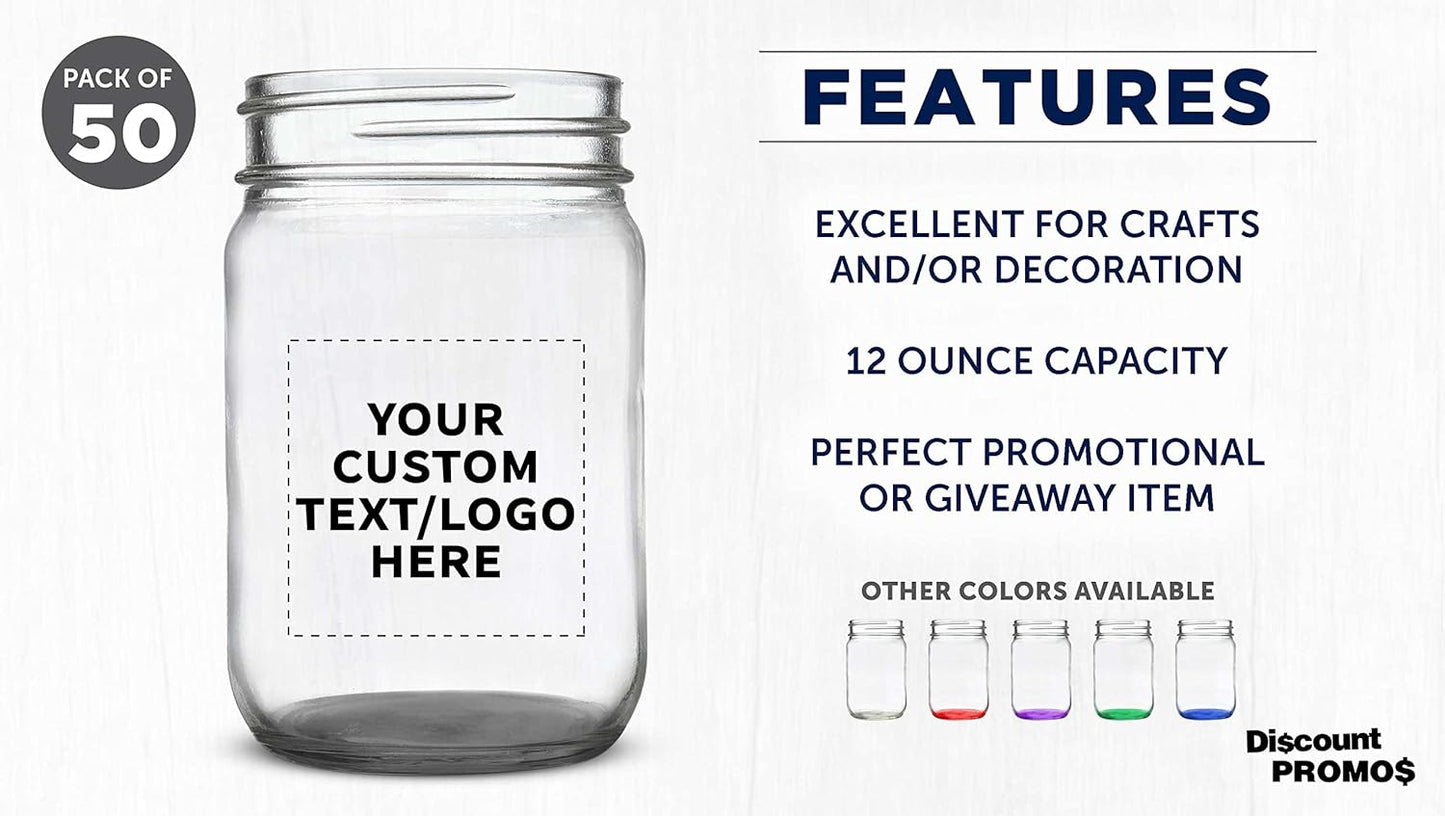 DISCOUNT PROMOS Custom Decorating Mason Jars 12 oz. Set of 50, Personalized Bulk Pack - Glass Jars for Overnight Oats, Candies, Fruits, Pickles, Spices, Beverages - Black