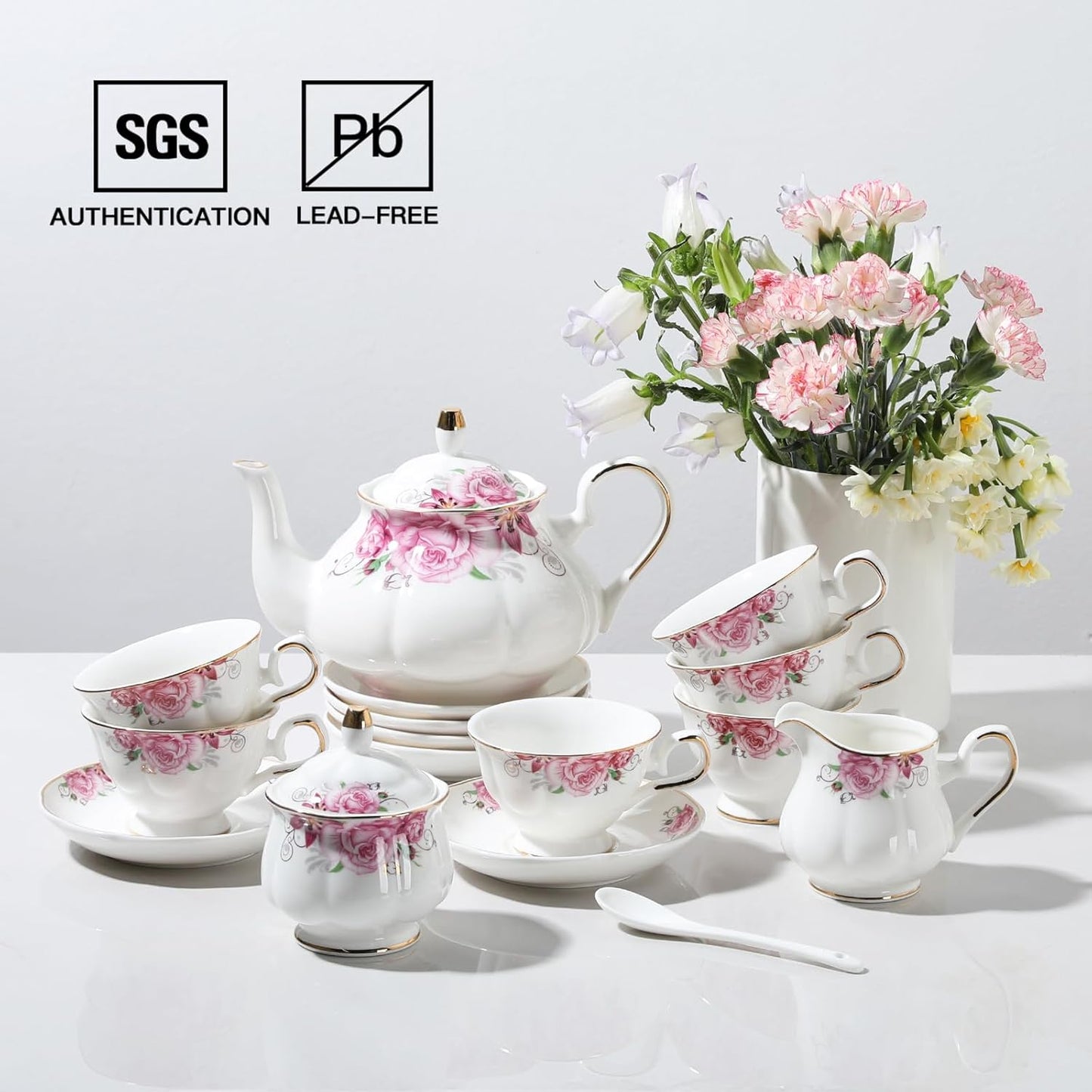 Sweejar Porcelain Tea Sets, Vintage British Floral Relief Gold Rimmed Teapot Cup and Saucer Set, Tea Set Service for 6, with Teapot, Sugar Bowl, Milk Jug, Spoons, Tea Cup and Saucer (Flower)