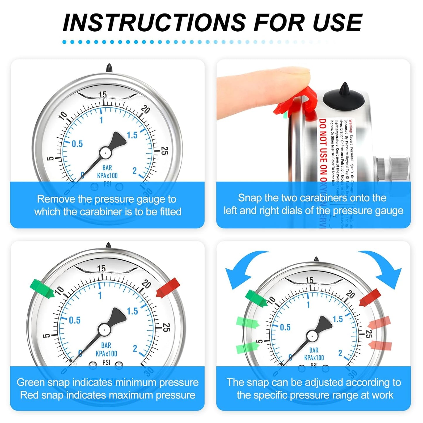 MEANLIN MEASURE 0~30Psi Liquid Filled Pressure Gauge Stainless Steel 2.5" FACE DIAL 1/4" NPT 316 Stainless Steel Joint for Pool Sand Filter Water Oil Air Pressure Test Back Mount, with 2PCS Snaps