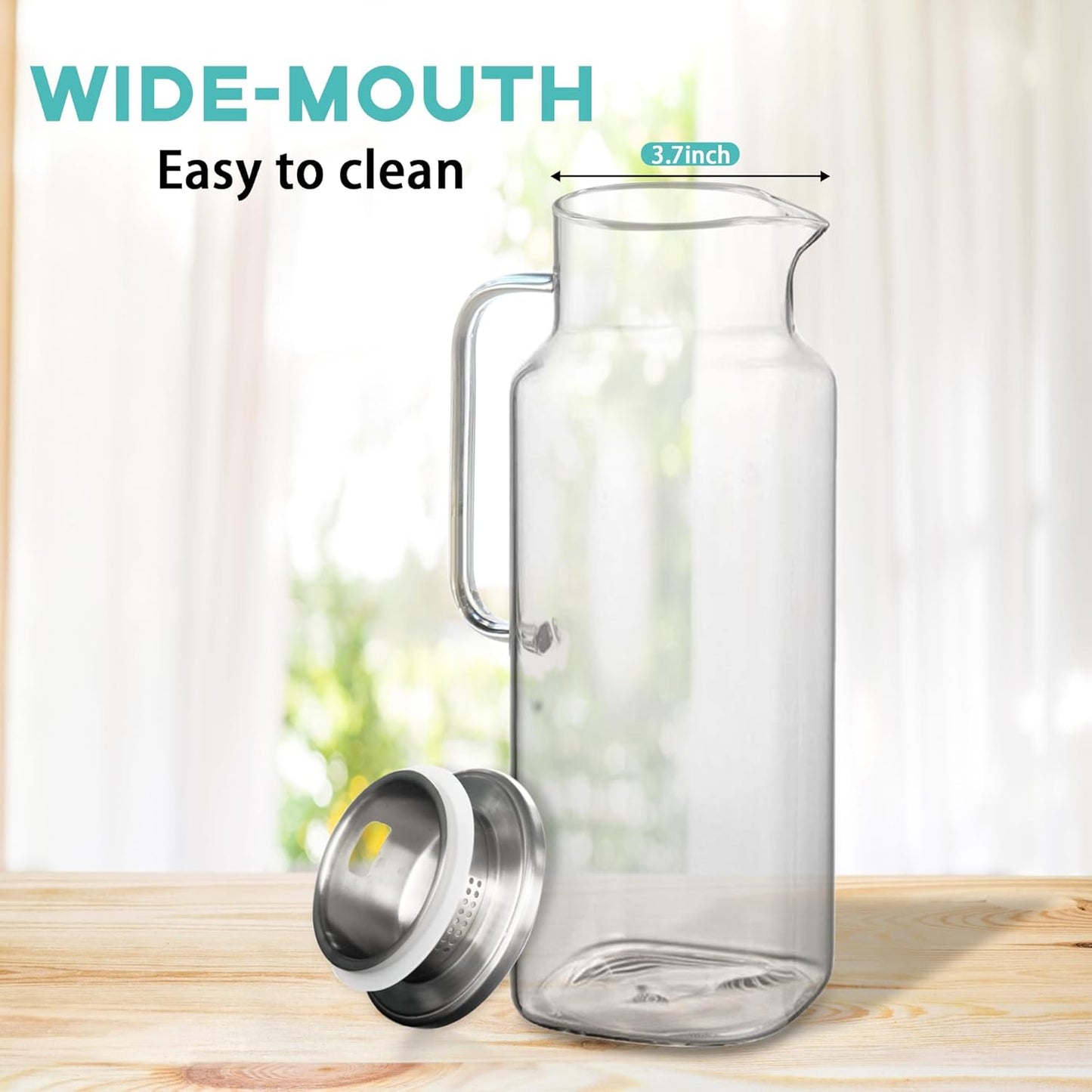 68 oz Square Glass Pitcher with Lid and Spout, 2 Quart Lightweight Water Pitchers for Hot/Cold Drink, Borosilicate Jugs, Heat Resistant, Glass Carafe with Handle,Ideal for Fridge Storage(2Pack)