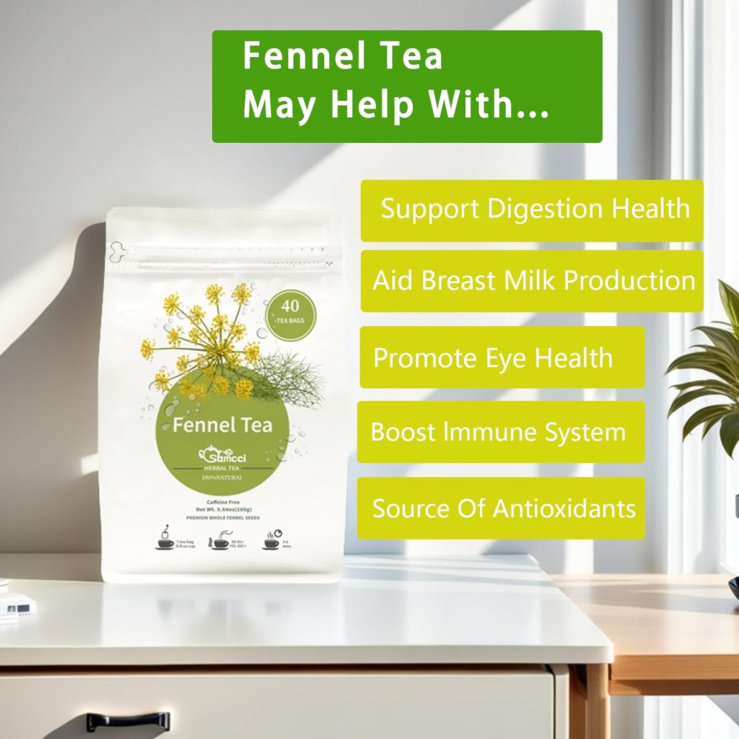 Samcci - Fennel Tea,4g×40 Teabags,100% Natural & Pure Fennel Seeds Herbal Tea - Non-GMO - Caffeine-free - Helps Improve Digestion & Immune System