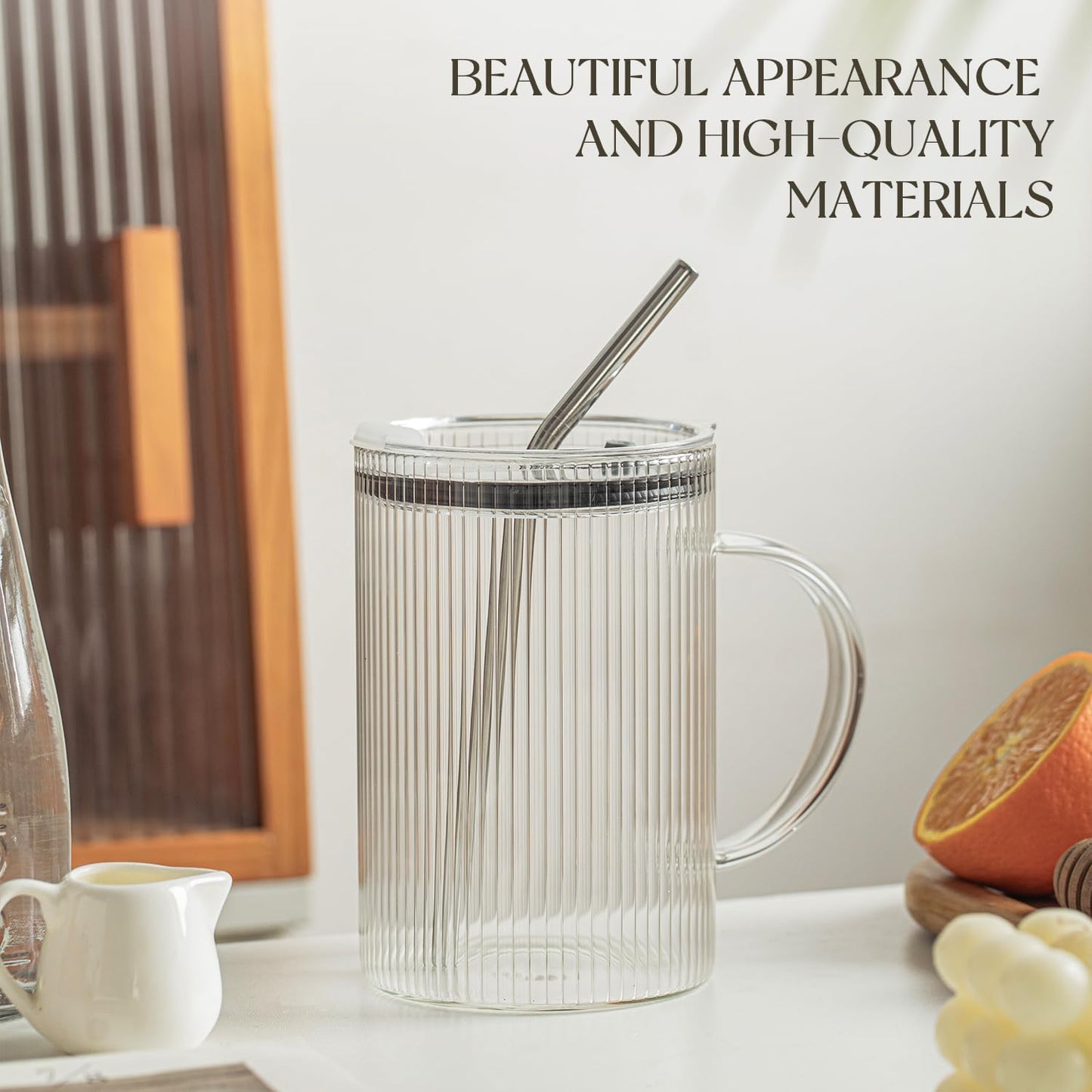 KEMORELA 2 Pack Fine-Ribbed Glass Tumblers with Handle and Lid – 1000ml / 34oz Iced Coffee Cups with Reusable Straws – Large Clear Glass Mugs for Smoothies, Juice & Daily Drinks (2 Pack-Ribbed-Fine)