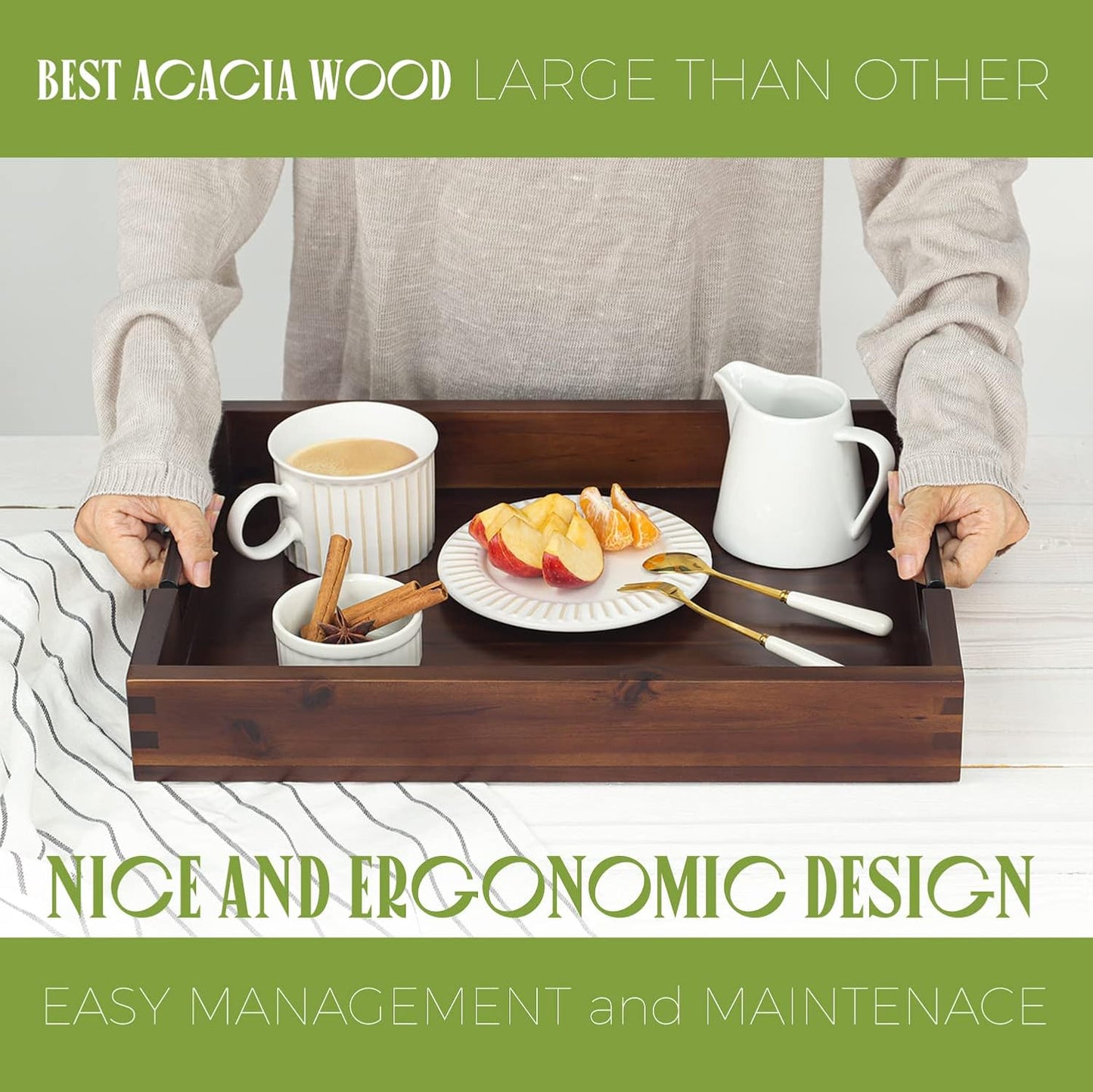 Ottoman Tray, Acacia Wood Serving Tray with Metal Handles, 16.5x12.5in Food Drinks Tray for Coffee Table, Breakfast, Dinner & Bar, Rustic Decorative Storage Tray for Ottoman, Kitchen, Packaging