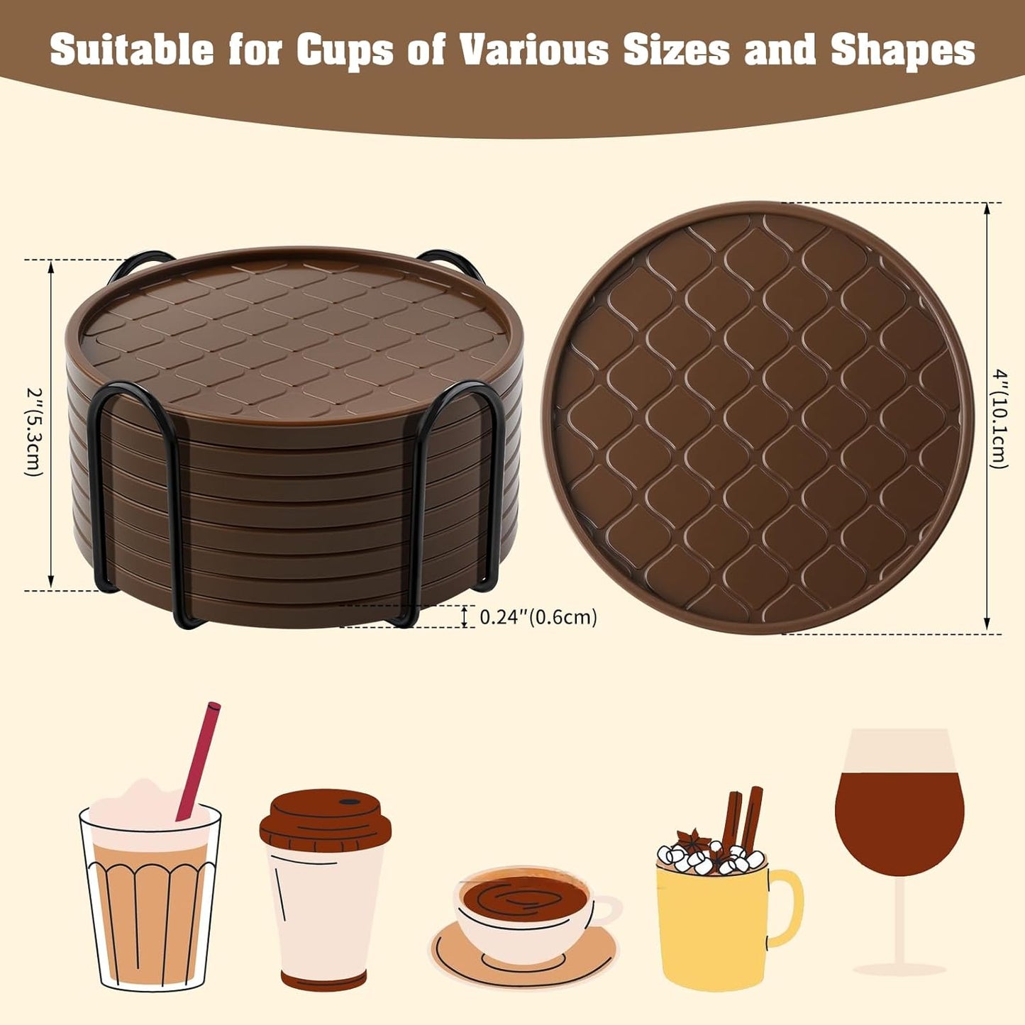 Coasters Set of 8,Hot or Cold Drink Coasters with Holder,Modern Style Coffee Table Coaster,Suitable for Kinds Cups Beer,Drink,Anti-Overflow Tabletop Protection (Coffee, 8pcs)